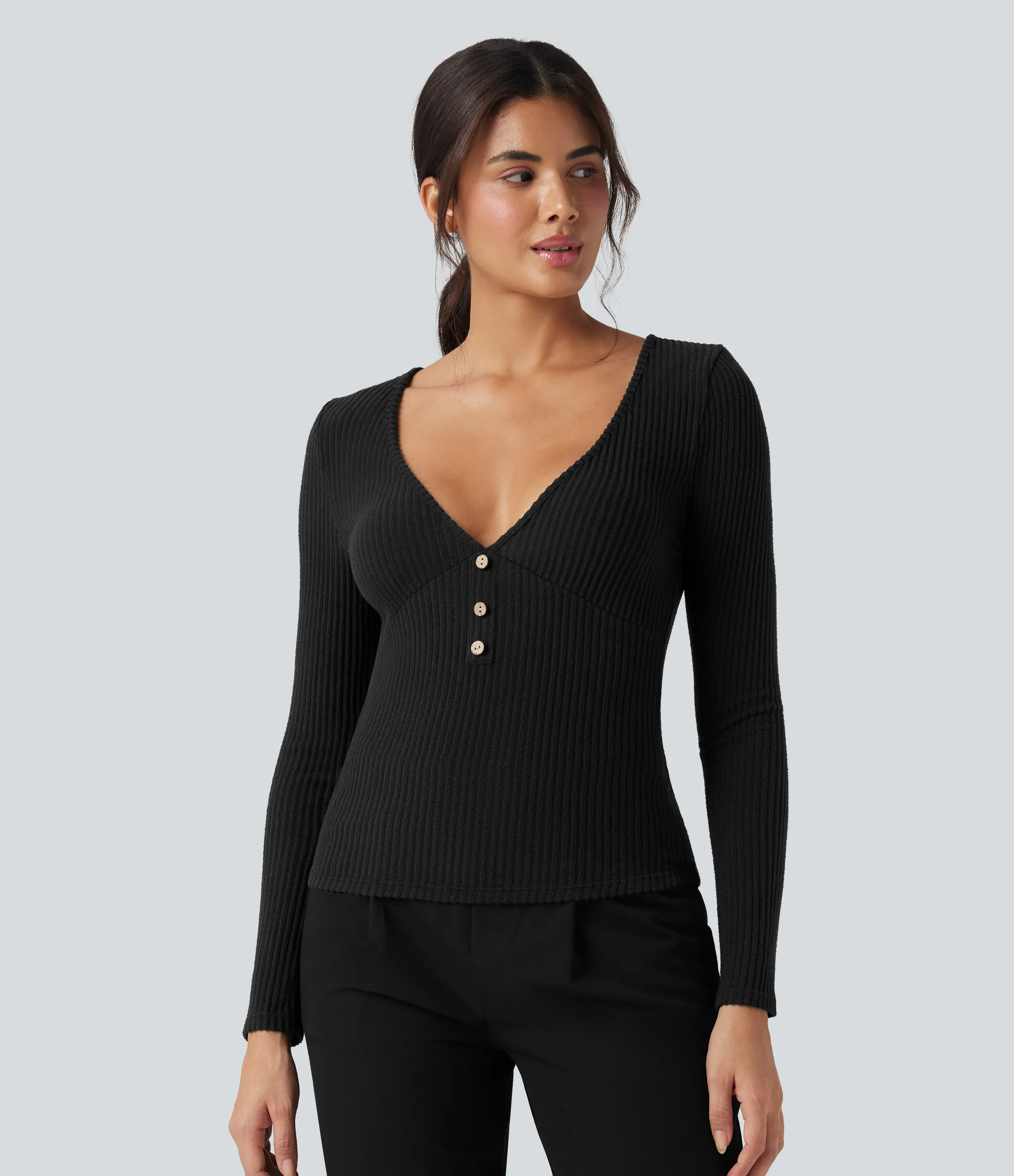 Halara Top casual ajustado jaspeado de manga larga de punto acanalado con cuello en V - Black - M sold by Halara