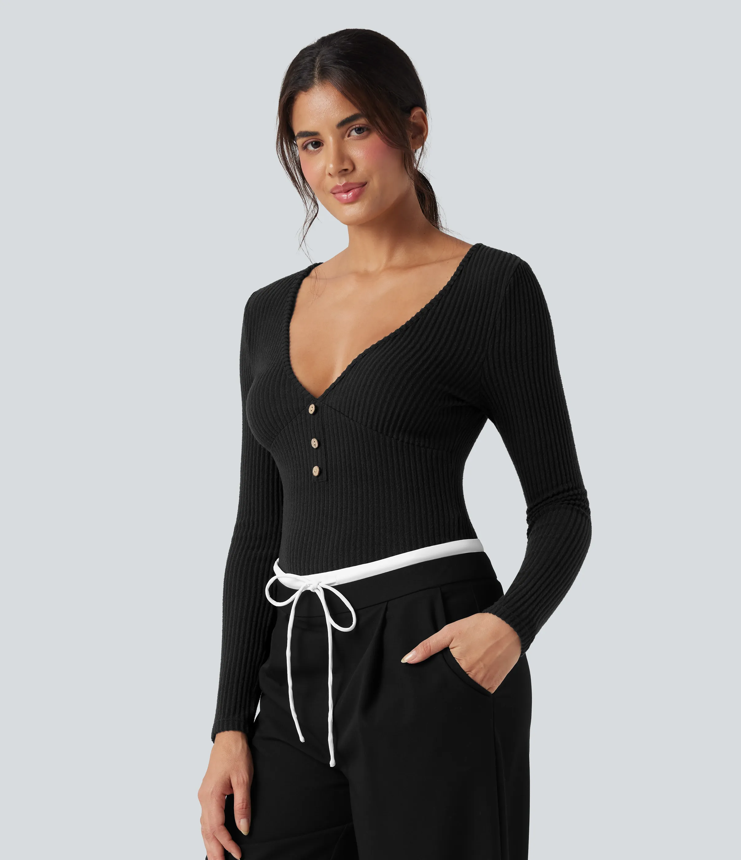 Halara Top casual ajustado jaspeado de manga larga de punto acanalado con cuello en V - Black - M sold by Halara product image thumbnail 5