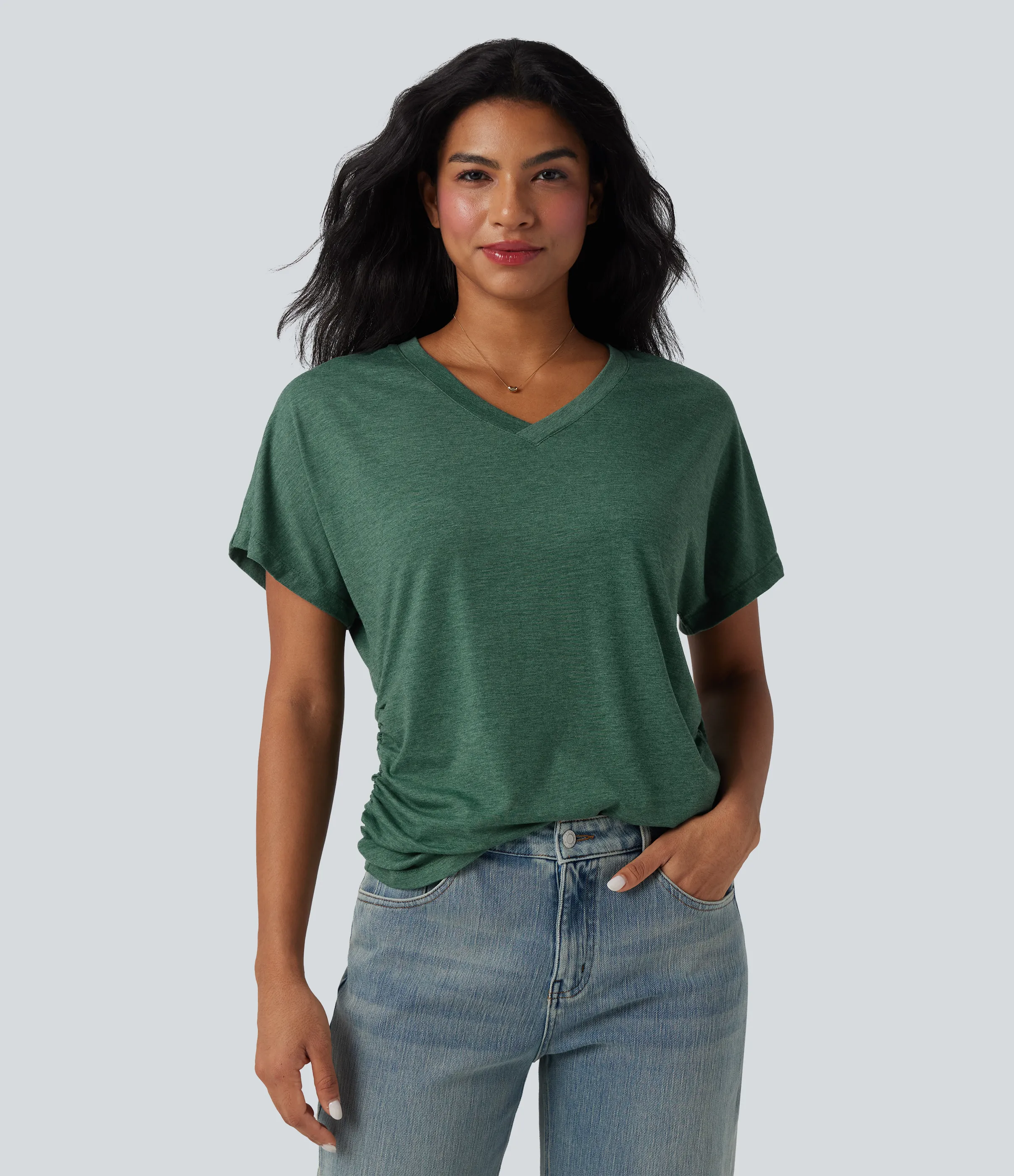 Halara Top casual holgado de manga corta con cuello en V y fruncido - Emerald Floral Yarn - M sold by Halara