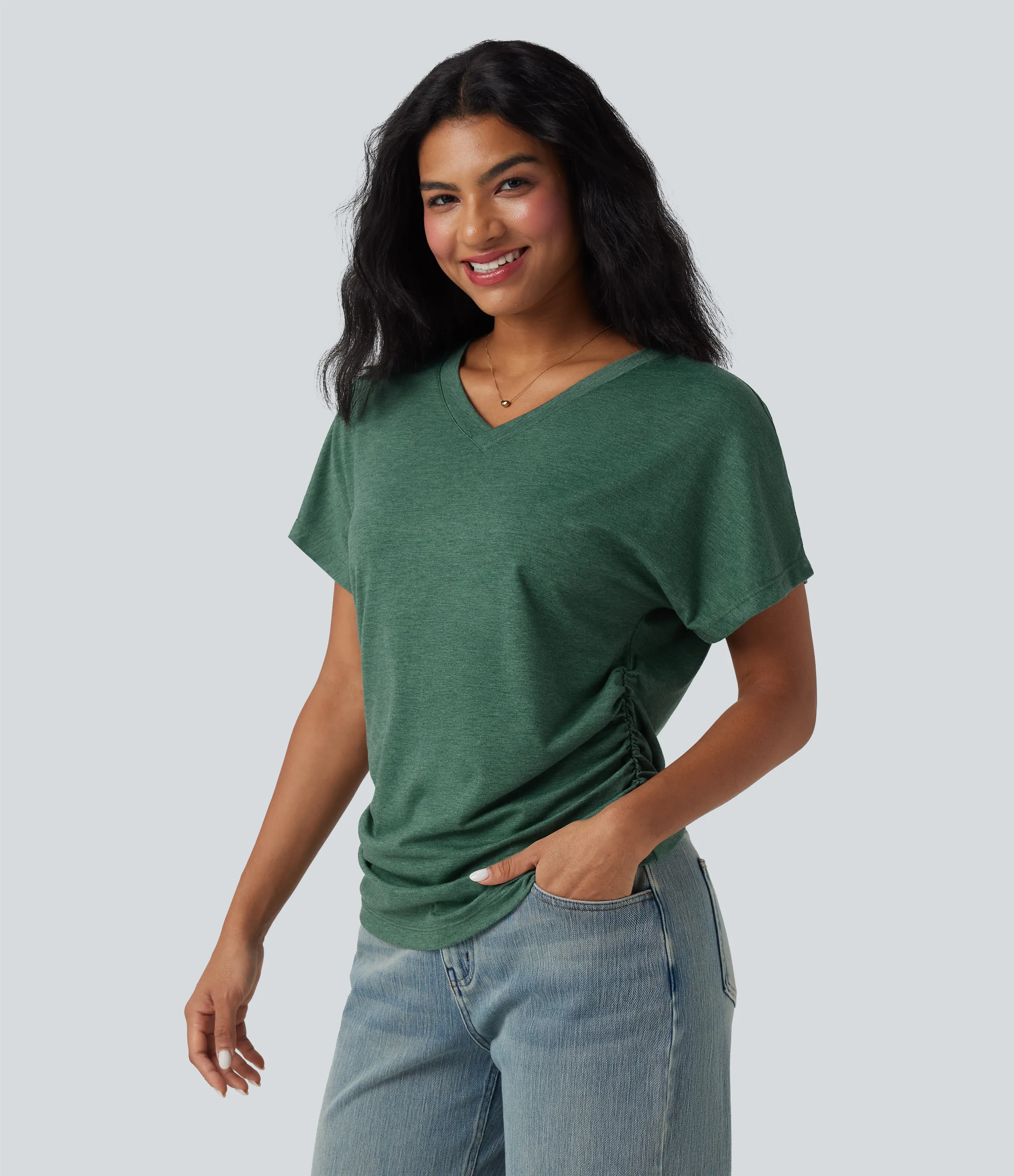 Halara Top casual holgado de manga corta con cuello en V y fruncido - Emerald Floral Yarn - M sold by Halara product image thumbnail 4