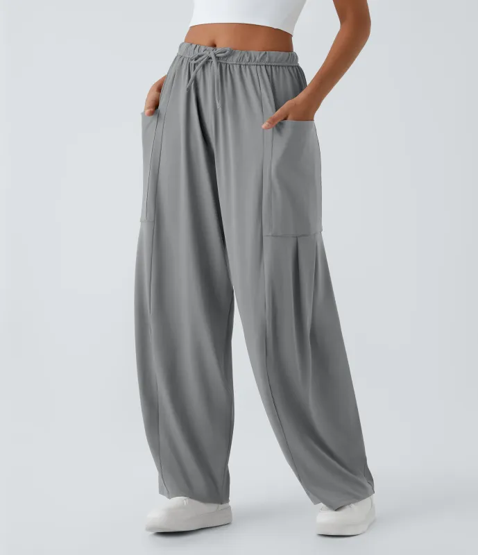 Halara Pantalón pierna ancha fluido palazzo bolsillo lateral cordón ajustable cintura elástica tiro medio - Ultimate Gray - XS(regular) made by Halara