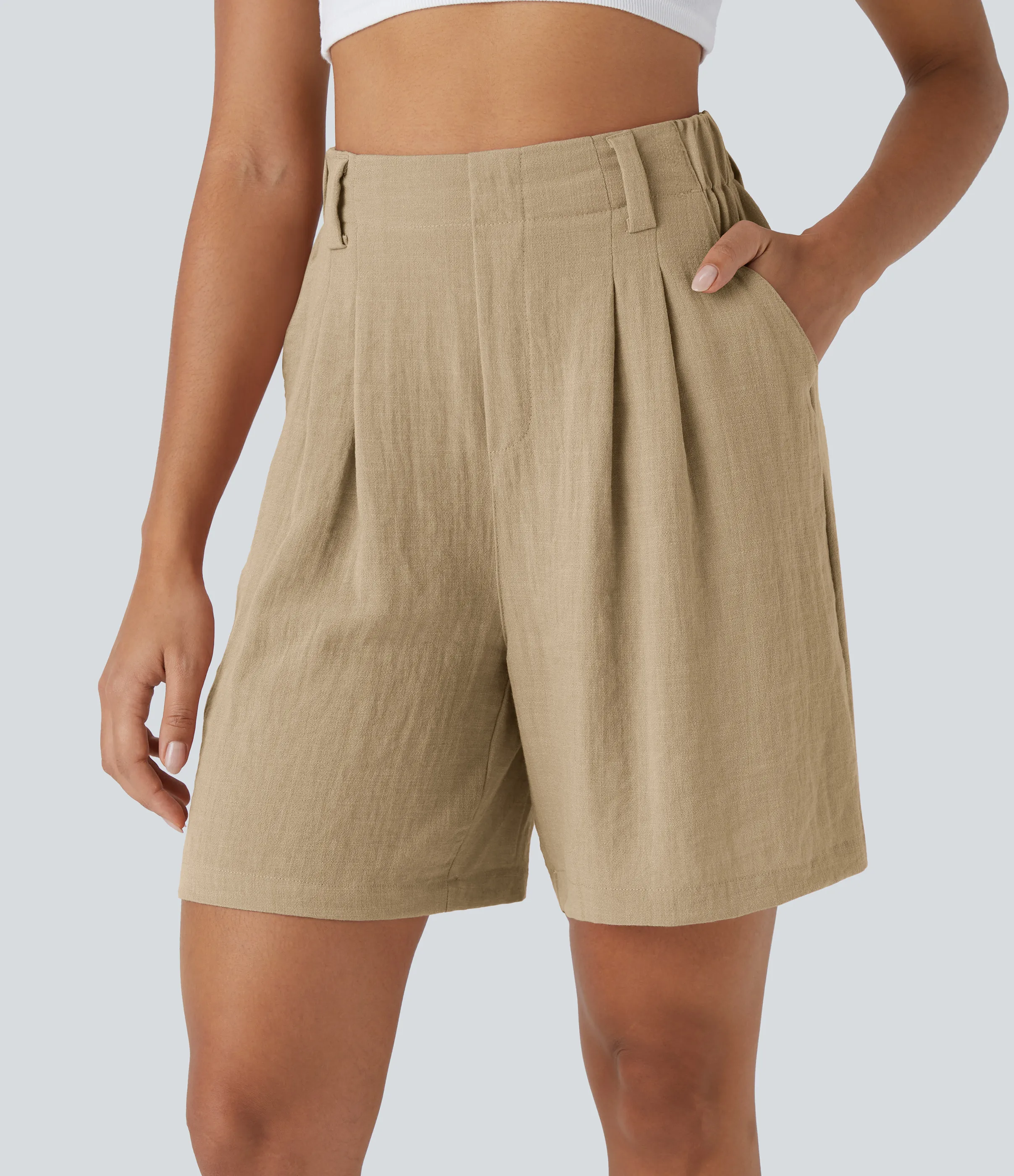 Halara Bermudas casuales anchas con tacto de lino de tiro alto, bolsillo lateral plisado - Curds & Whey - XL sold by Halara