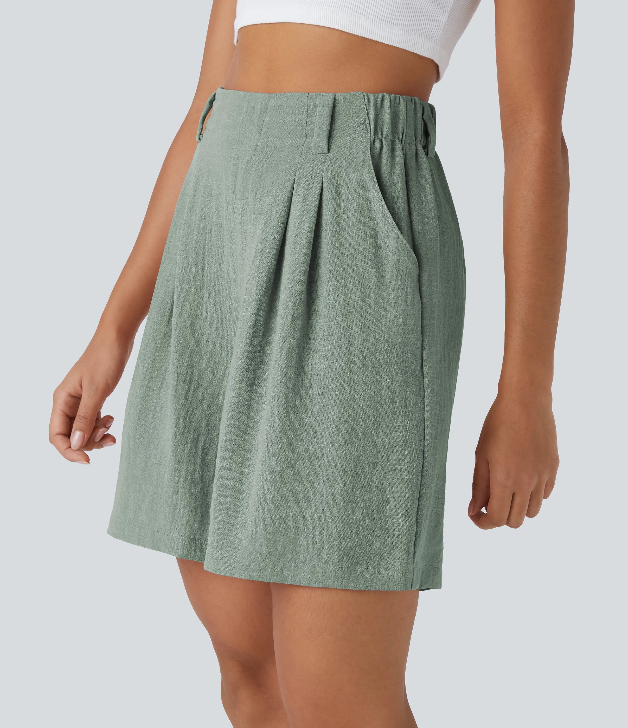 Halara Bermudas casuales anchas con tacto de lino de tiro alto, bolsillo lateral plisado - Iceberg Green - S sold by Halara product image thumbnail 4