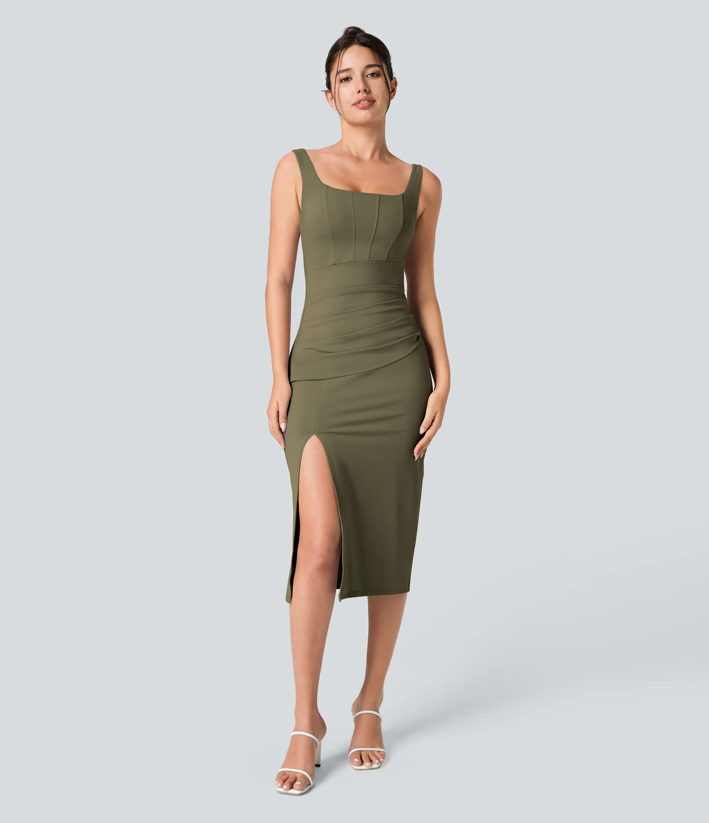 Halara Vestido midi ajustado Softlyzero™ Airy con escote cuadrado, espalda descubierta, fruncido y abertura de tacto fresco para dama de honor e invitada de boda - Withered Green - S sold by Halara product image thumbnail 2