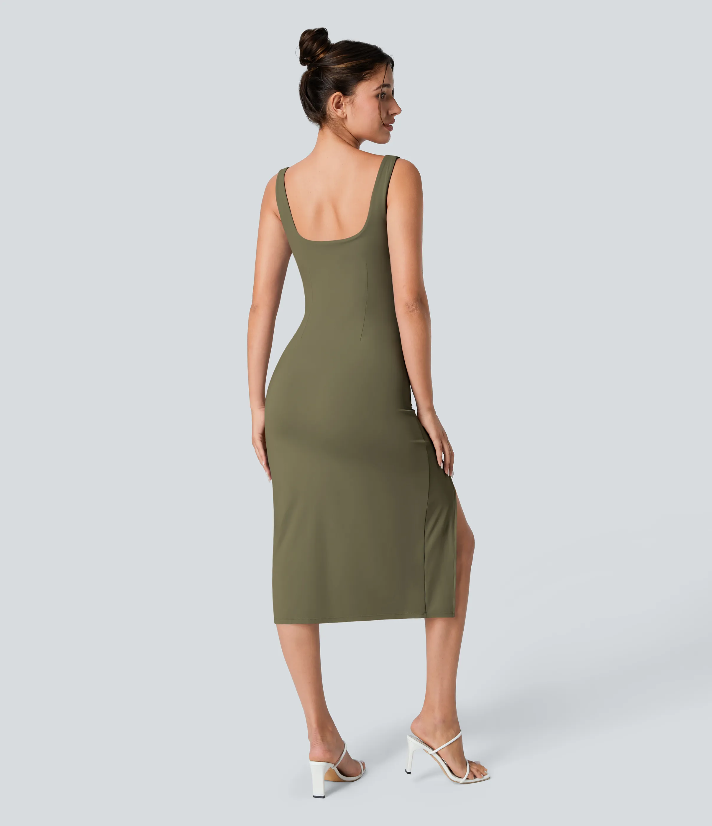 Halara Vestido midi ajustado Softlyzero™ Airy con escote cuadrado, espalda descubierta, fruncido y abertura de tacto fresco para dama de honor e invitada de boda - Withered Green - S sold by Halara product image thumbnail 3