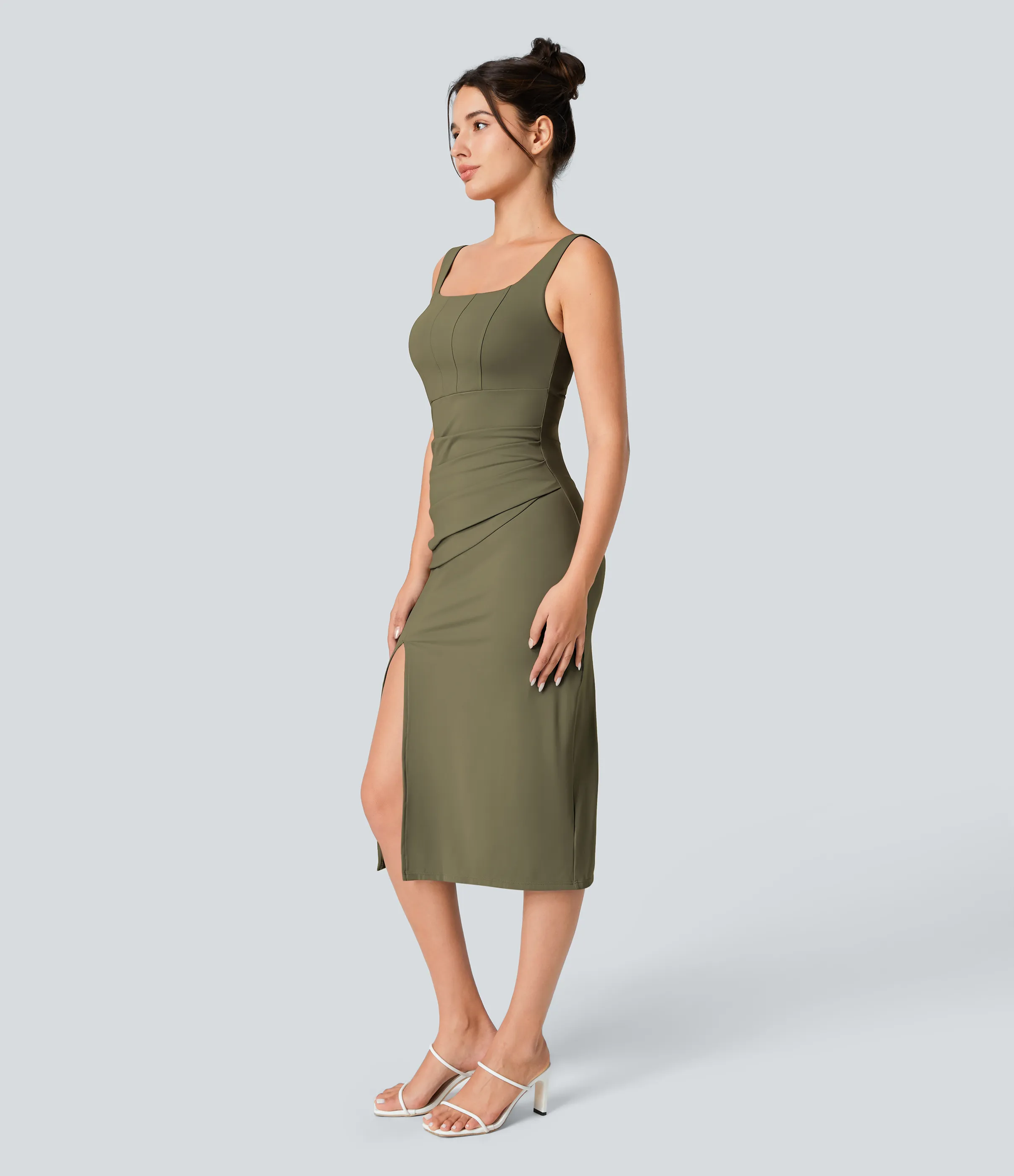 Halara Vestido midi ajustado Softlyzero™ Airy con escote cuadrado, espalda descubierta, fruncido y abertura de tacto fresco para dama de honor e invitada de boda - Withered Green - S sold by Halara product image thumbnail 4