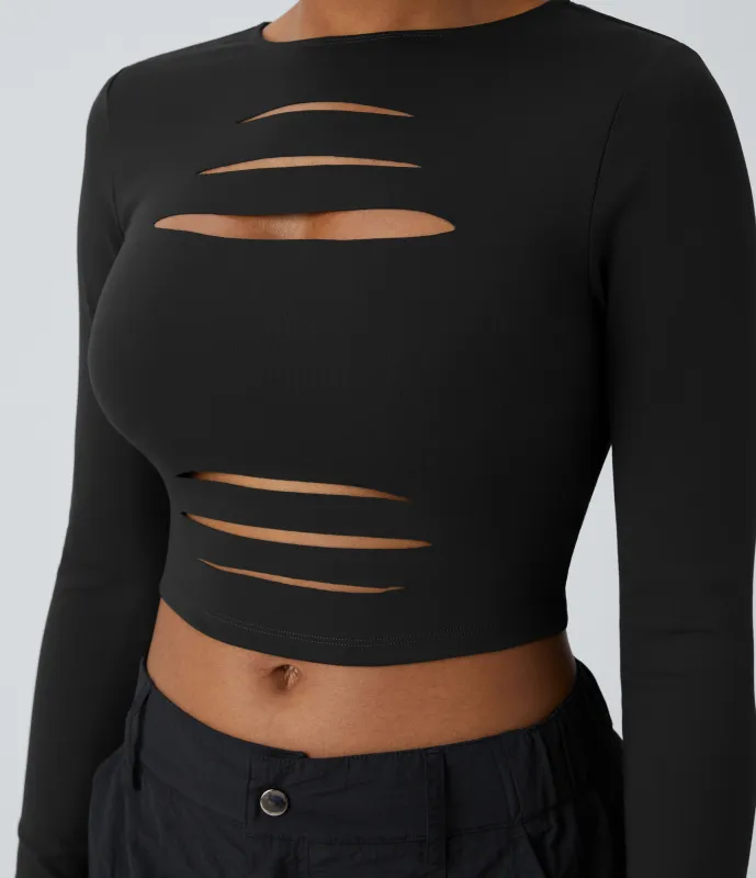 Halara Top ajustado cuello redondo manga larga corte rasgado corte ajustado - Black - XL made by Halara