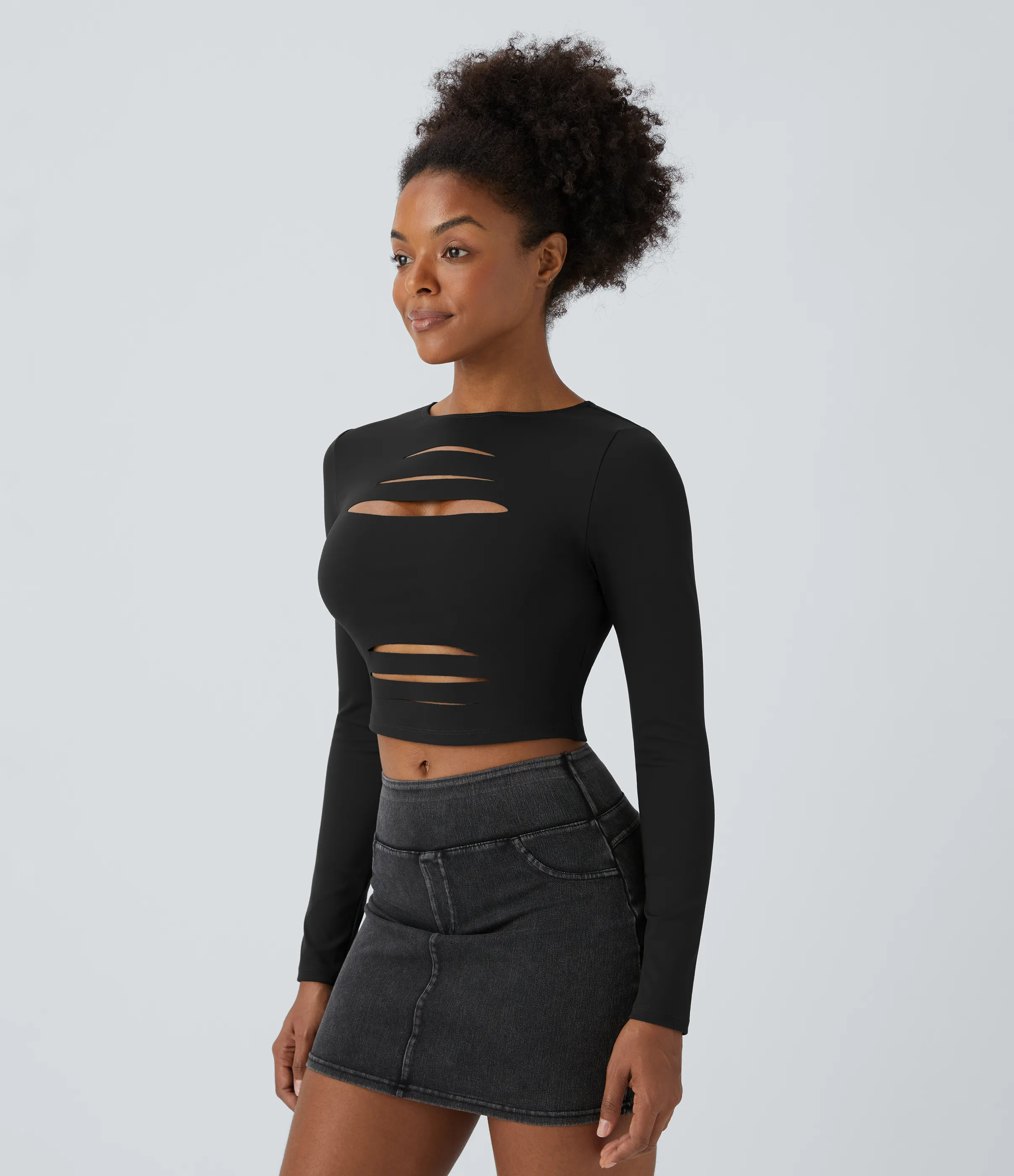 Halara Top ajustado cuello redondo manga larga corte rasgado corte ajustado - Black - XL sold by Halara product image thumbnail 3