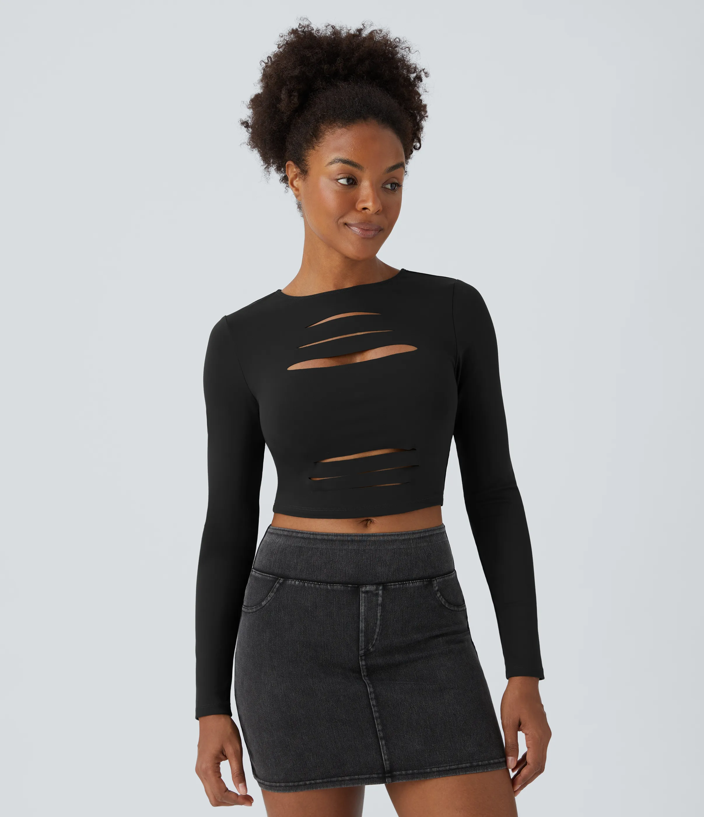 Halara Top ajustado cuello redondo manga larga corte rasgado corte ajustado - Black - XL sold by Halara product image thumbnail 5