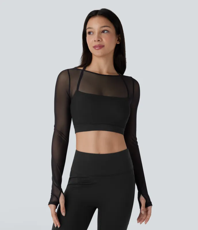 Halara Top deportivo yoga 2 en 1 corto manga larga cuello halter abertura pulgar malla contrastante - Black - M made by Halara