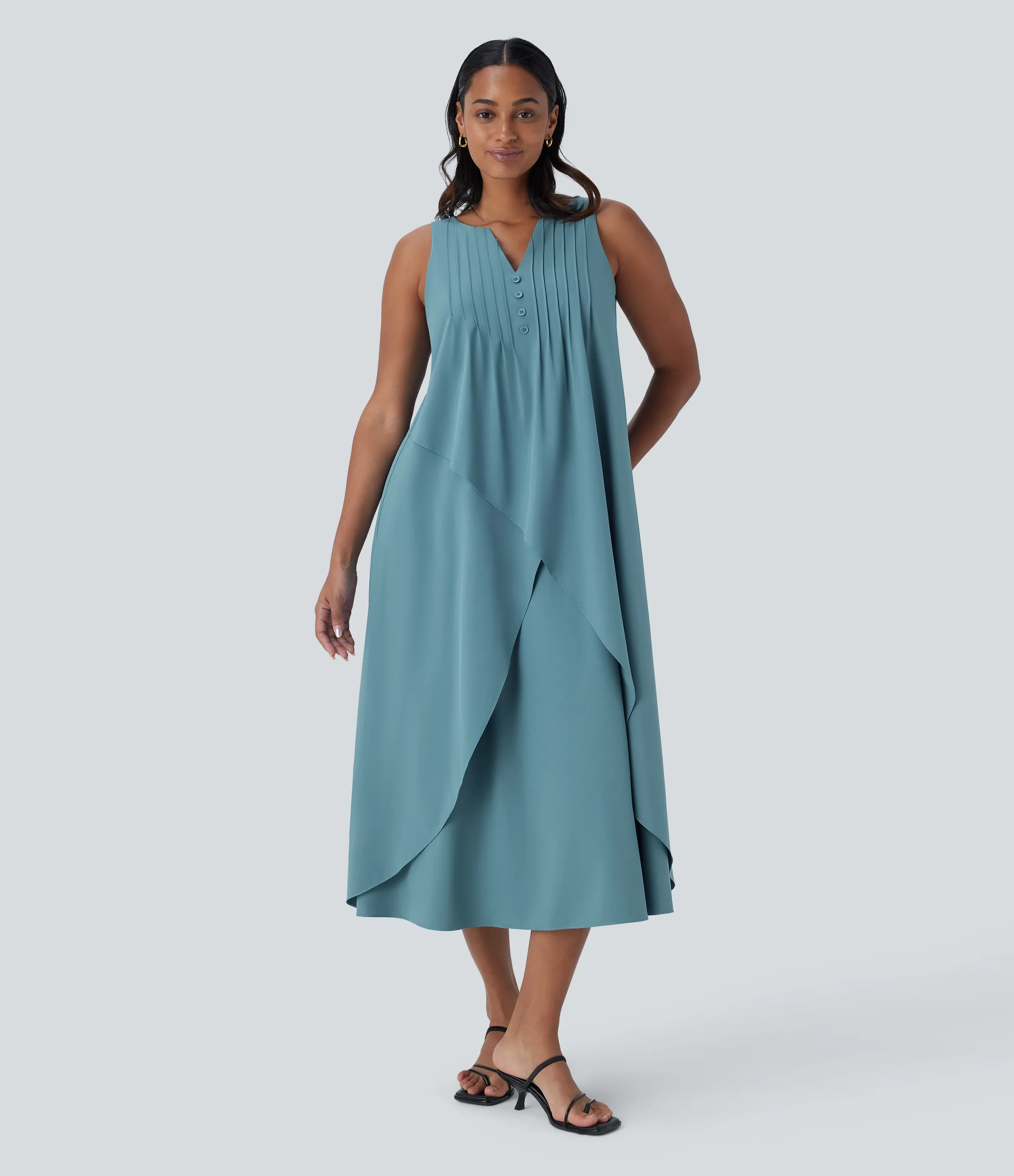 Halara Vestido midi casual Breezeful™ fluido en capas y sin mangas de cuello en V con secado rápido - Stone Blue - M sold by Halara product image thumbnail 2