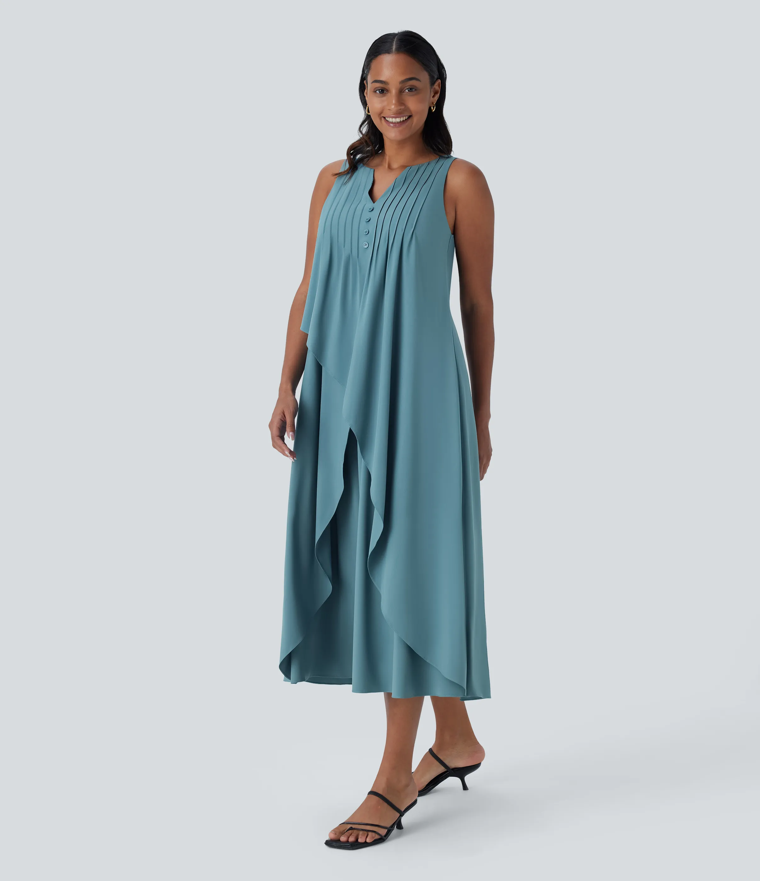 Halara Vestido midi casual Breezeful™ fluido en capas y sin mangas de cuello en V con secado rápido - Stone Blue - M sold by Halara product image thumbnail 4