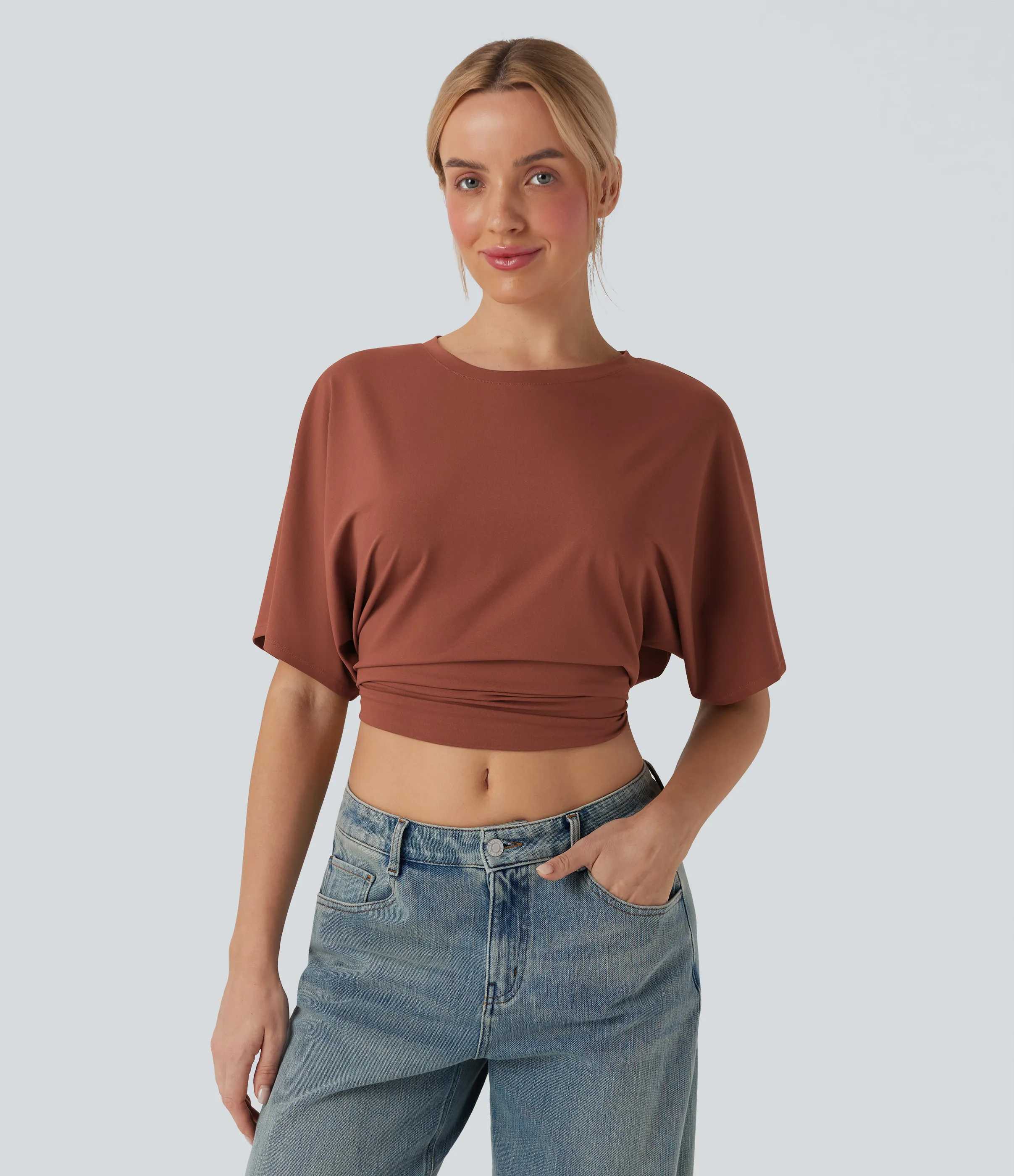 Halara Top casual de manga corta con cuello redondo y abertura con lazo en la espalda - Maple Syrup - XL sold by Halara product image thumbnail 3