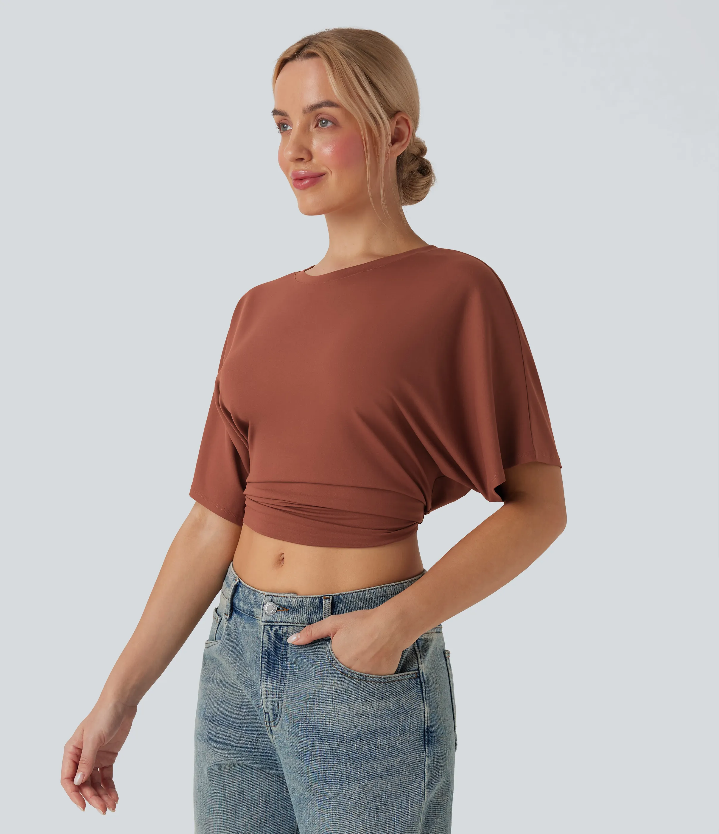 Halara Top casual de manga corta con cuello redondo y abertura con lazo en la espalda - Maple Syrup - XL sold by Halara product image thumbnail 4