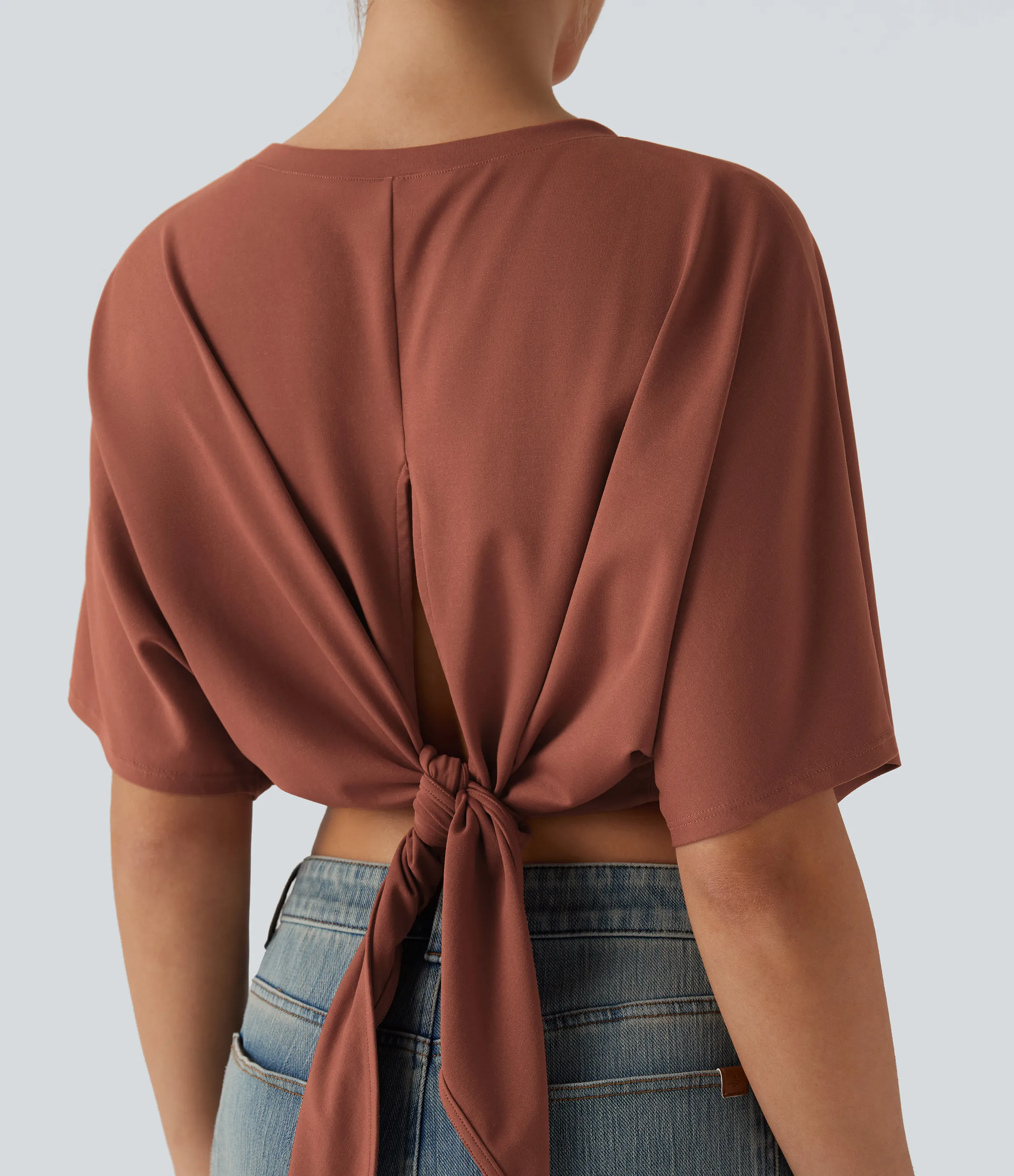 Halara Top casual de manga corta con cuello redondo y abertura con lazo en la espalda - Maple Syrup - XL sold by Halara product image thumbnail 5