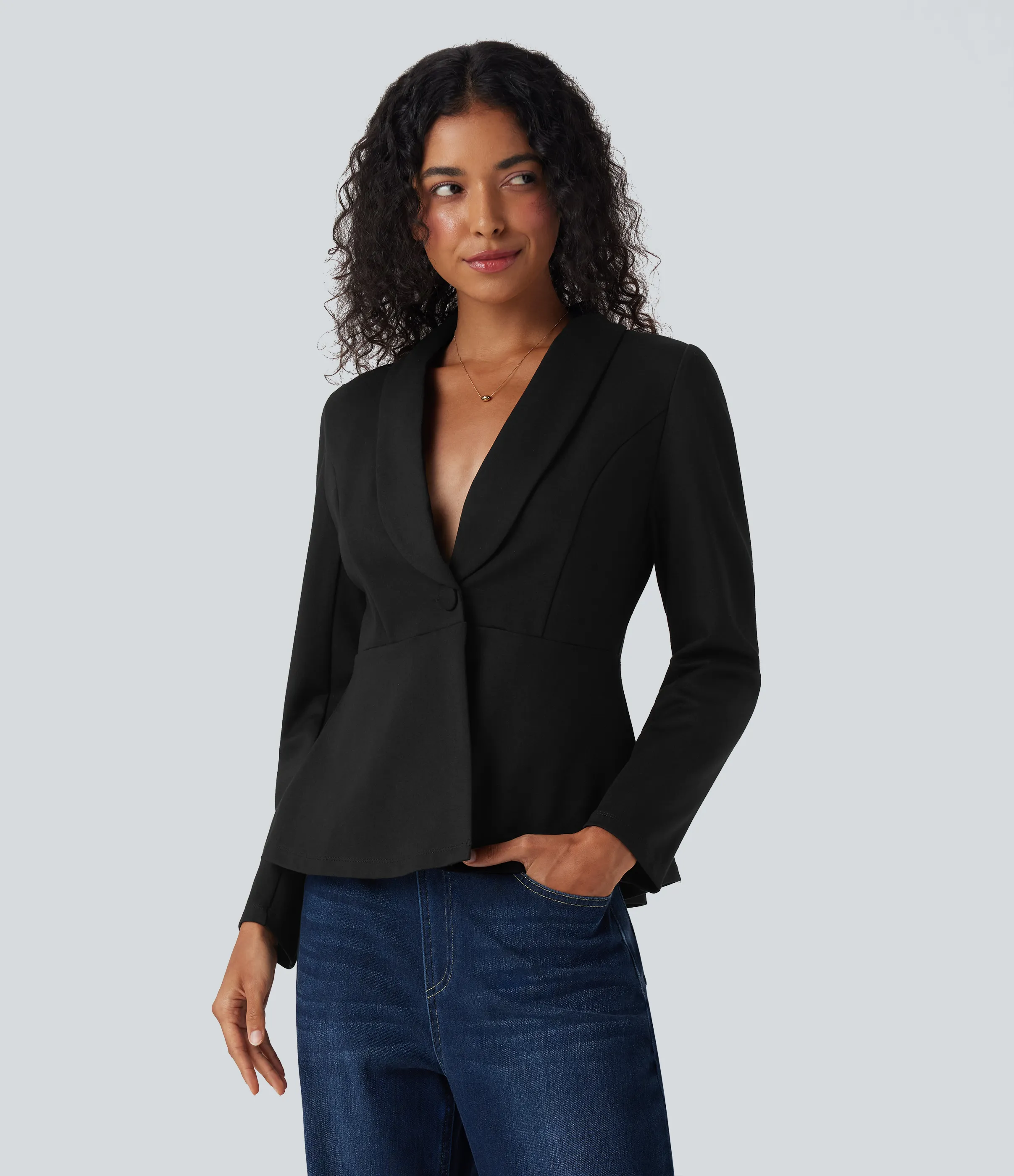 Halara Blazer de oficina de manga larga con cuello tipo chal - Black - L sold by Halara