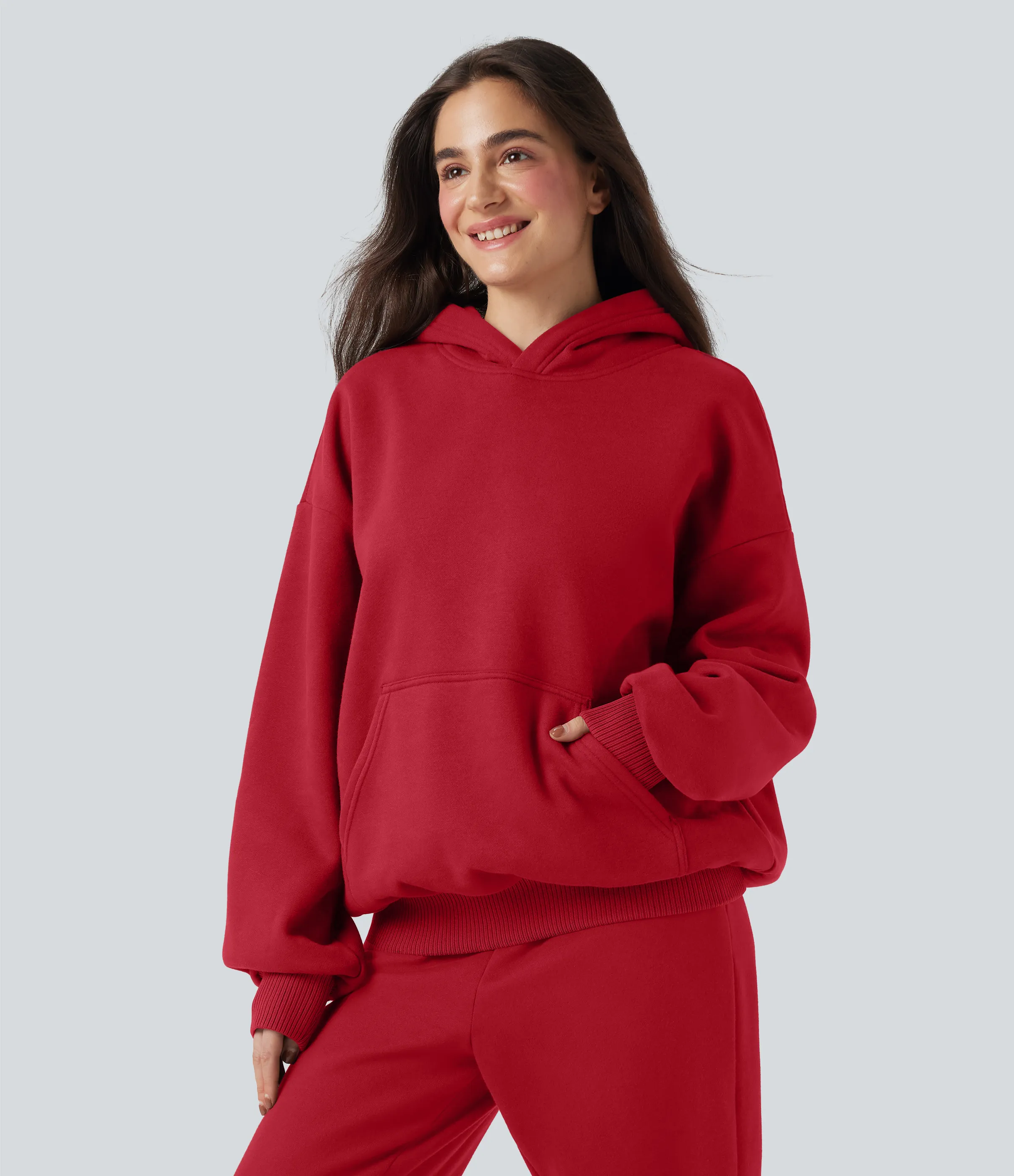 Halara Sudadera casual de algodón polar de manga larga con capucha y bolsillos - Salsa - M sold by Halara