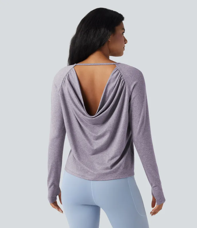 Halara Top deportivo de yoga con abertura para el pulgar y manga larga con espalda descubierta - Purple Ash Floral Yarn - XL made by Halara