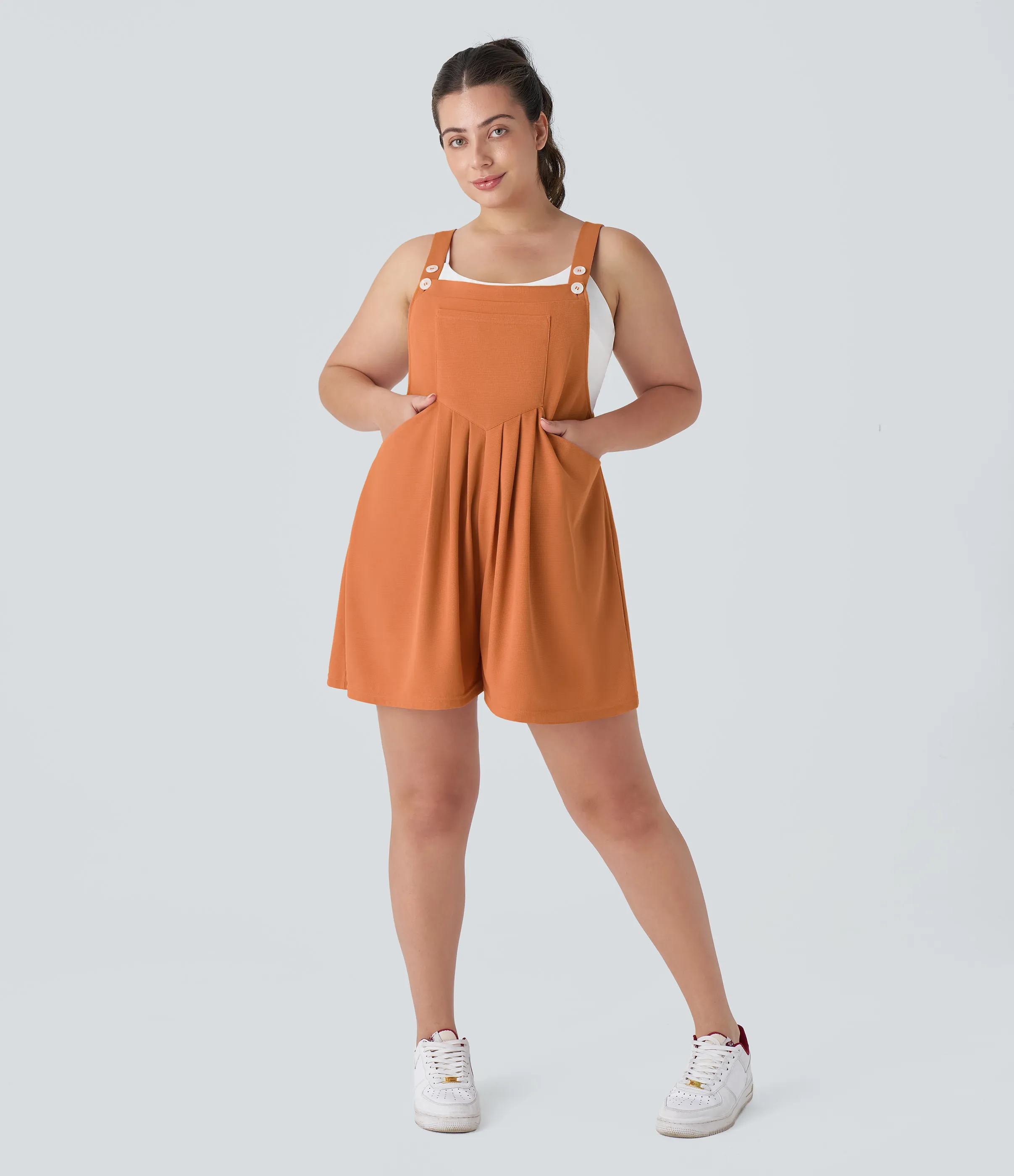 Halara Overol Gofre talla grande correa ajustable botón múltiple bolsillo plisado - Apricot Orange - 3X sold by Halara product image thumbnail 5