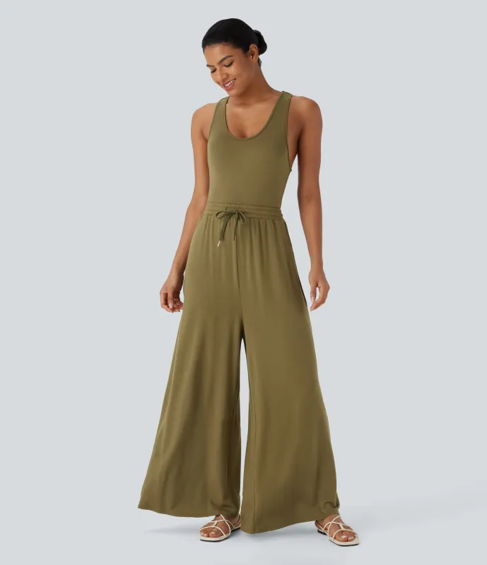 Halara Mono casual con cuello en U espalda cruzada, cordón ajustable y bolsillos traseros - Shrub Green - XS(regular) sold by Halara