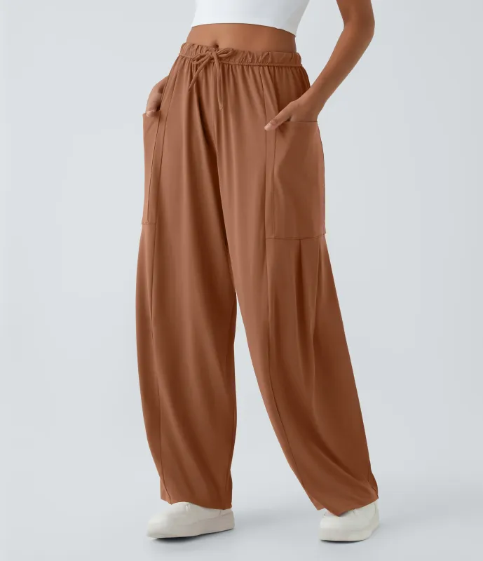 Halara Pantalón pierna ancha fluido palazzo bolsillo lateral cordón ajustable cintura elástica tiro medio - Rust Red - XL(regular) made by Halara
