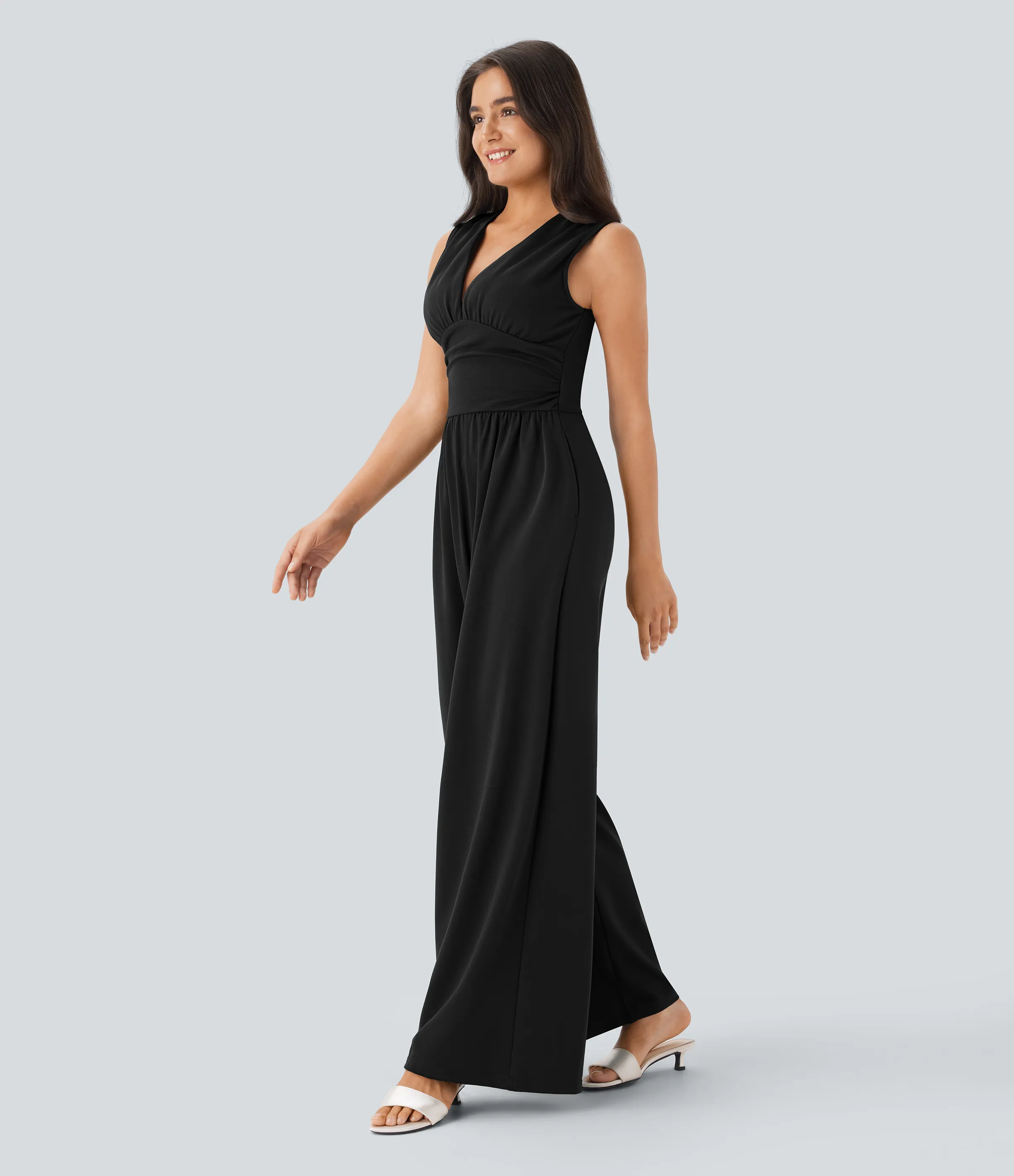 Halara Mono fiesta cuello V sin mangas fruncido lateral cremallera invisible - Easy Peezy - Black - M(tall) sold by Halara product image thumbnail 4