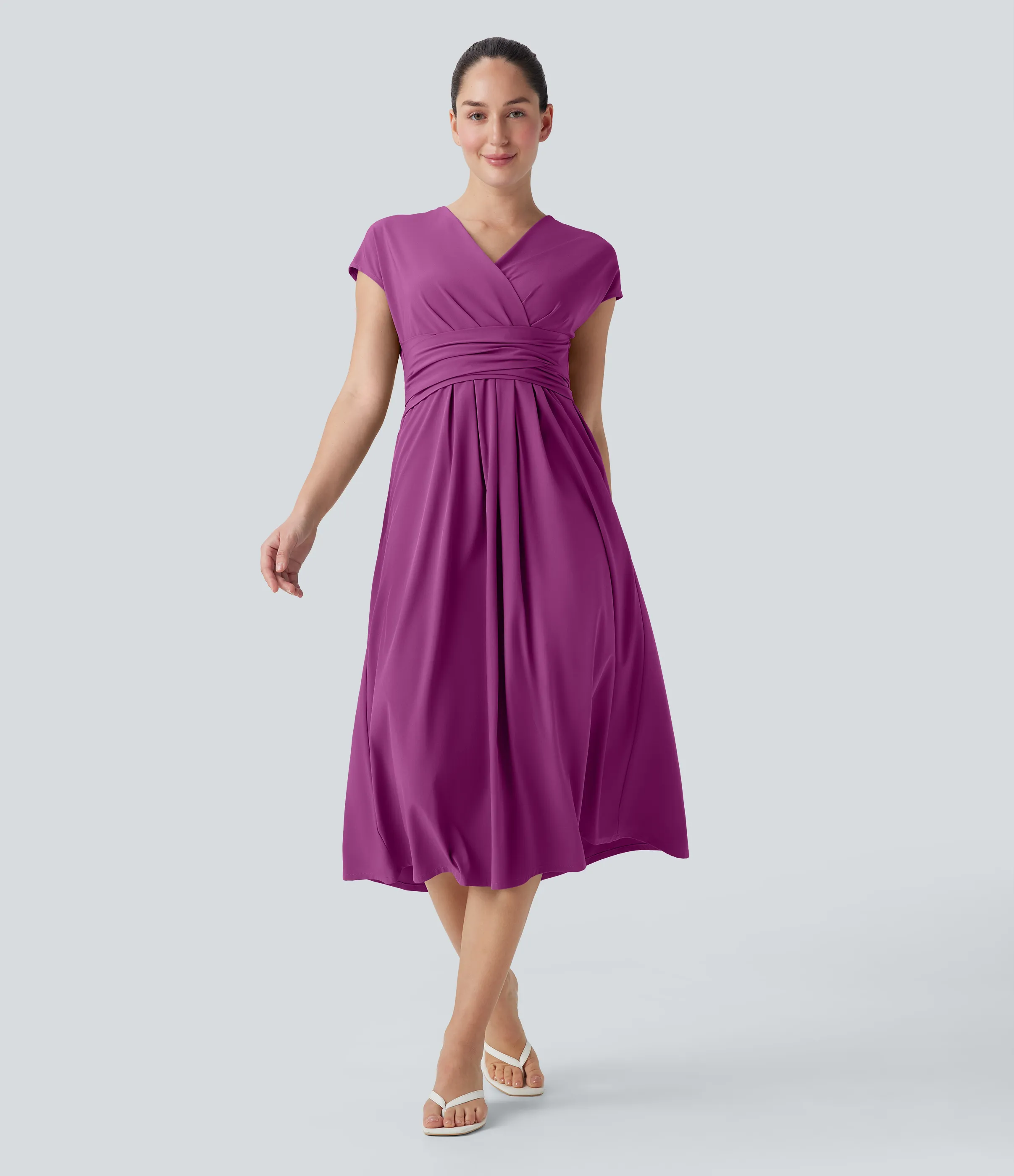 Halara Vestido casual midi Breezeful™ de secado rápido con cuello en V, manga corta, bolsillo lateral y lazo en la espalda - Purple Wine - XS sold by Halara product image thumbnail 2