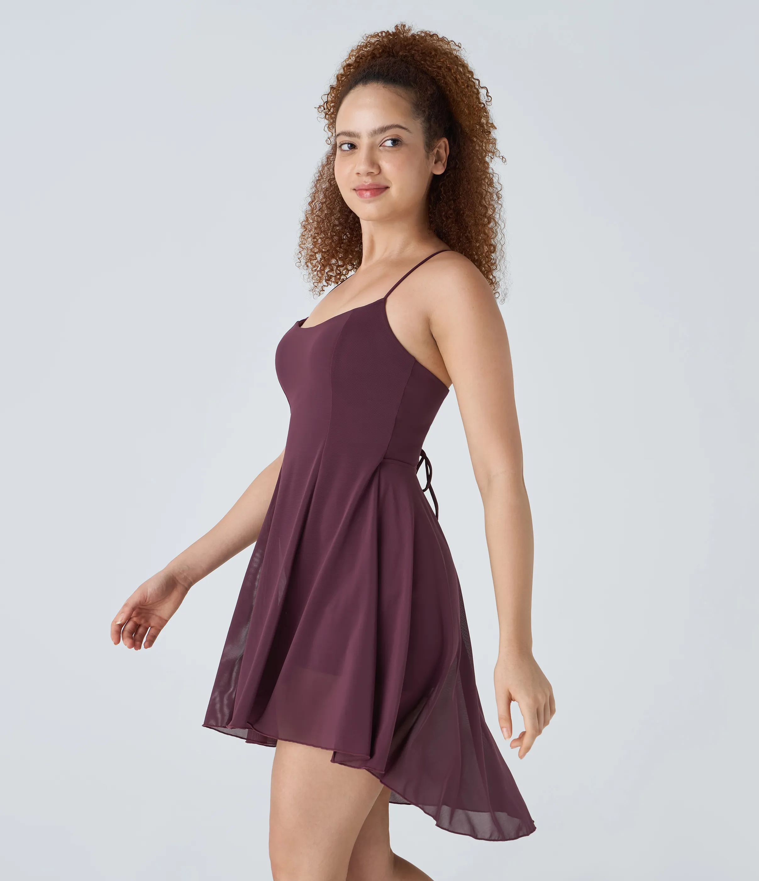 Halara Vestido deportivo mini de baile asimétrico con corset, encaje y malla en contraste con bolsillos en copas D-F - Evening Red - S sold by Halara product image thumbnail 4