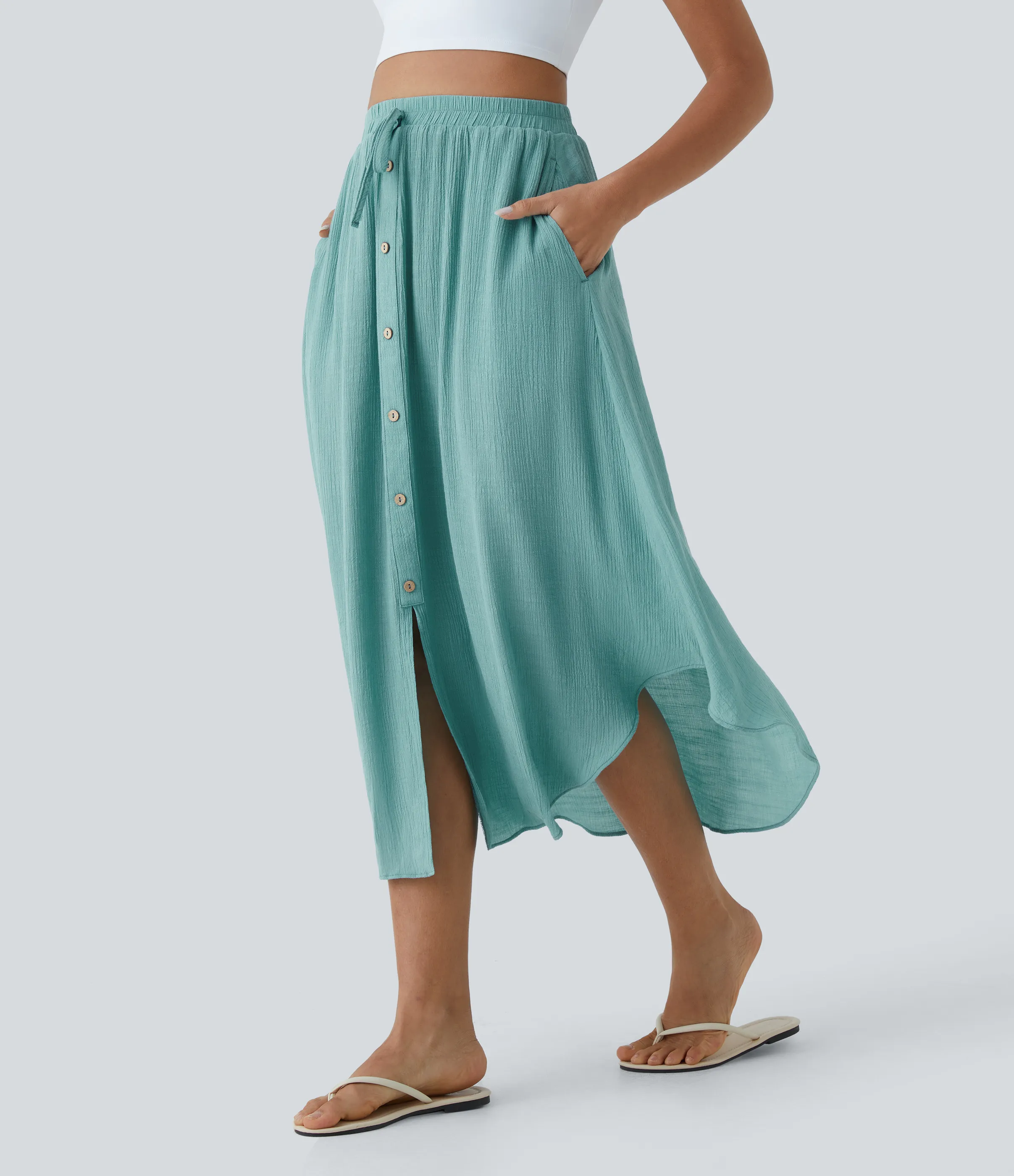 Halara Falda casual midi fluida con bolsillo lateral con botones y cordón de talle alto - Nile Blue - XS(regular) sold by Halara product image thumbnail 2