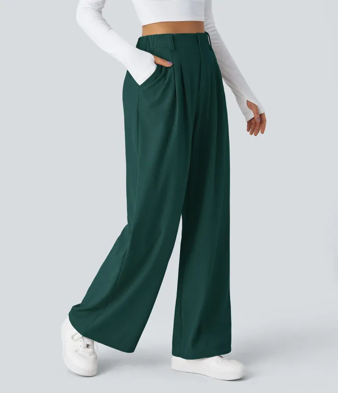 Halara Pantalones Halara Flex™ de oficina anchos plisados de tiro alto con bolsillos en tela tipo gofre - Forest Biome - S(expetite) sold by Halara