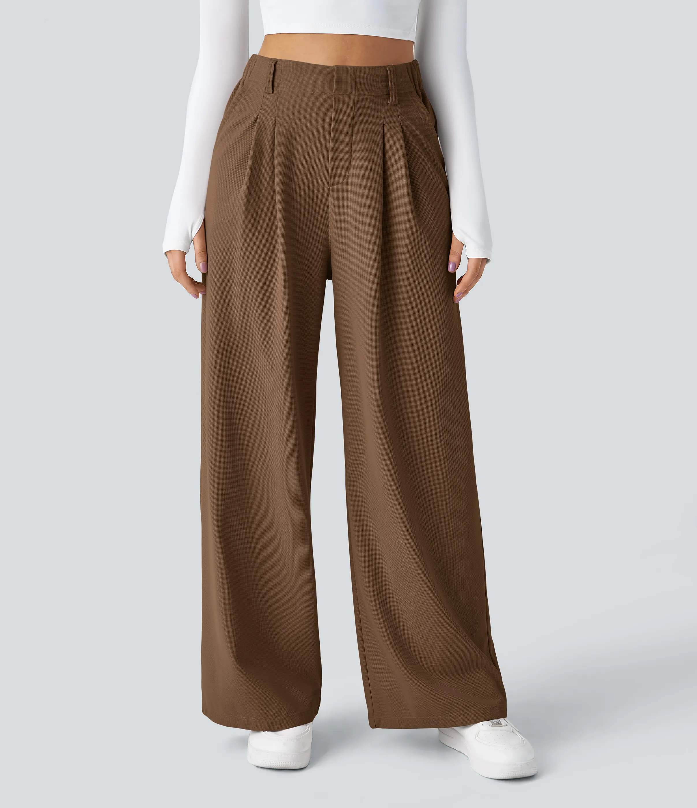 Halara Pantalones Halara Flex™ de oficina anchos plisados de tiro alto con bolsillos en tela tipo gofre - Partridge - XS(extall) sold by Halara product image thumbnail 4