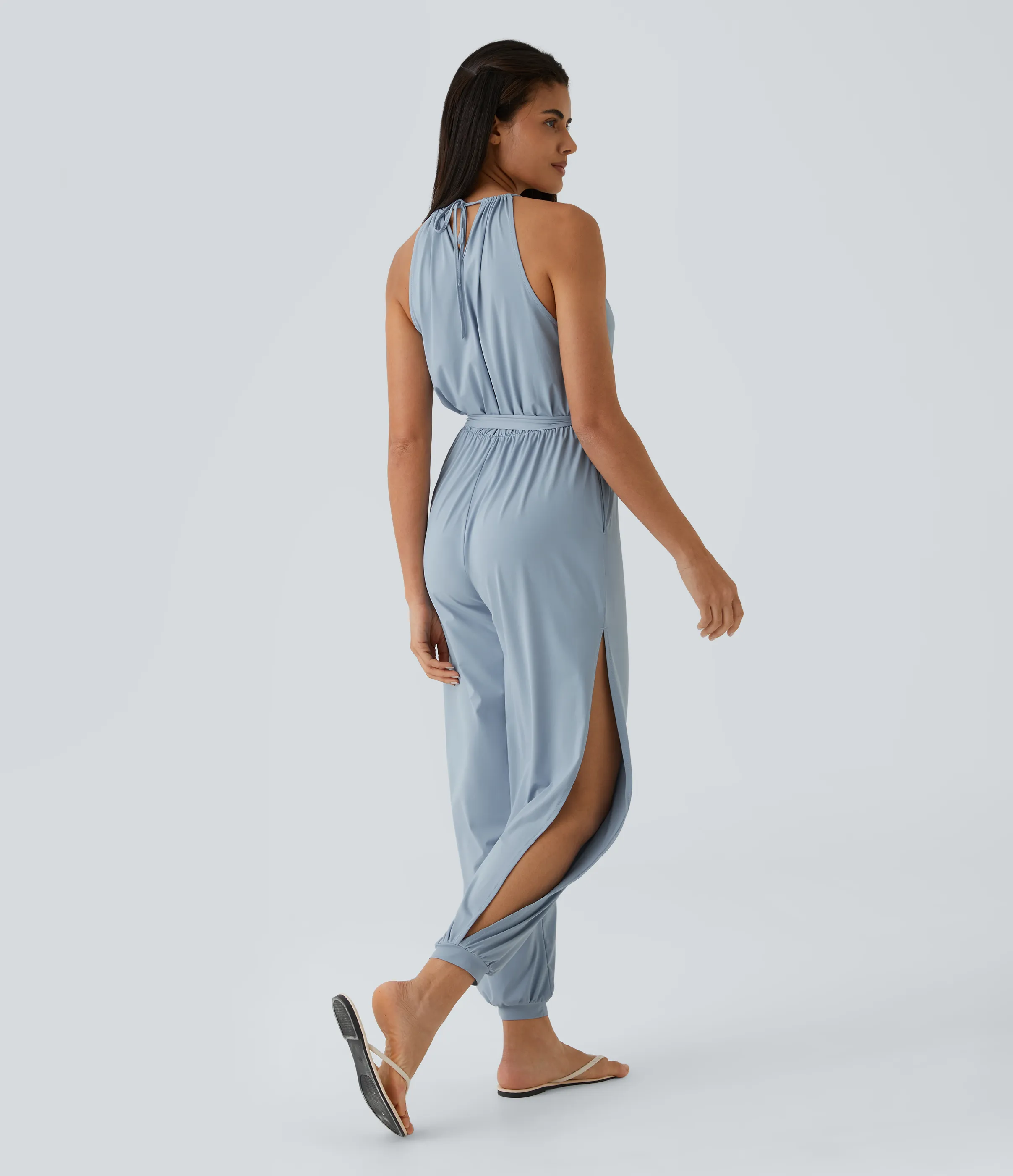 Halara Mono sin manga lazo espalda plisado cinturón bolsillo lateral cut-out tacto fresco Resort - Blue Fog - M(petite) sold by Halara product image thumbnail 3