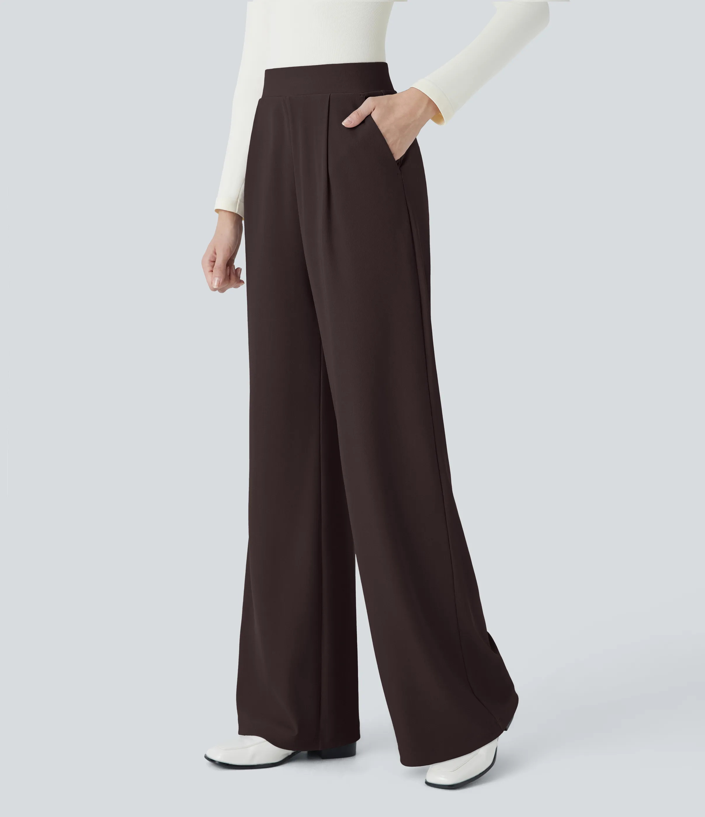 Halara Pantalón Halara Flex™ oficina tiro alto control abdomen adelgazan tiro bolsillo lateral pierna ancha micro gofre - Chocolate Torte - L(regular) sold by Halara product image thumbnail 2