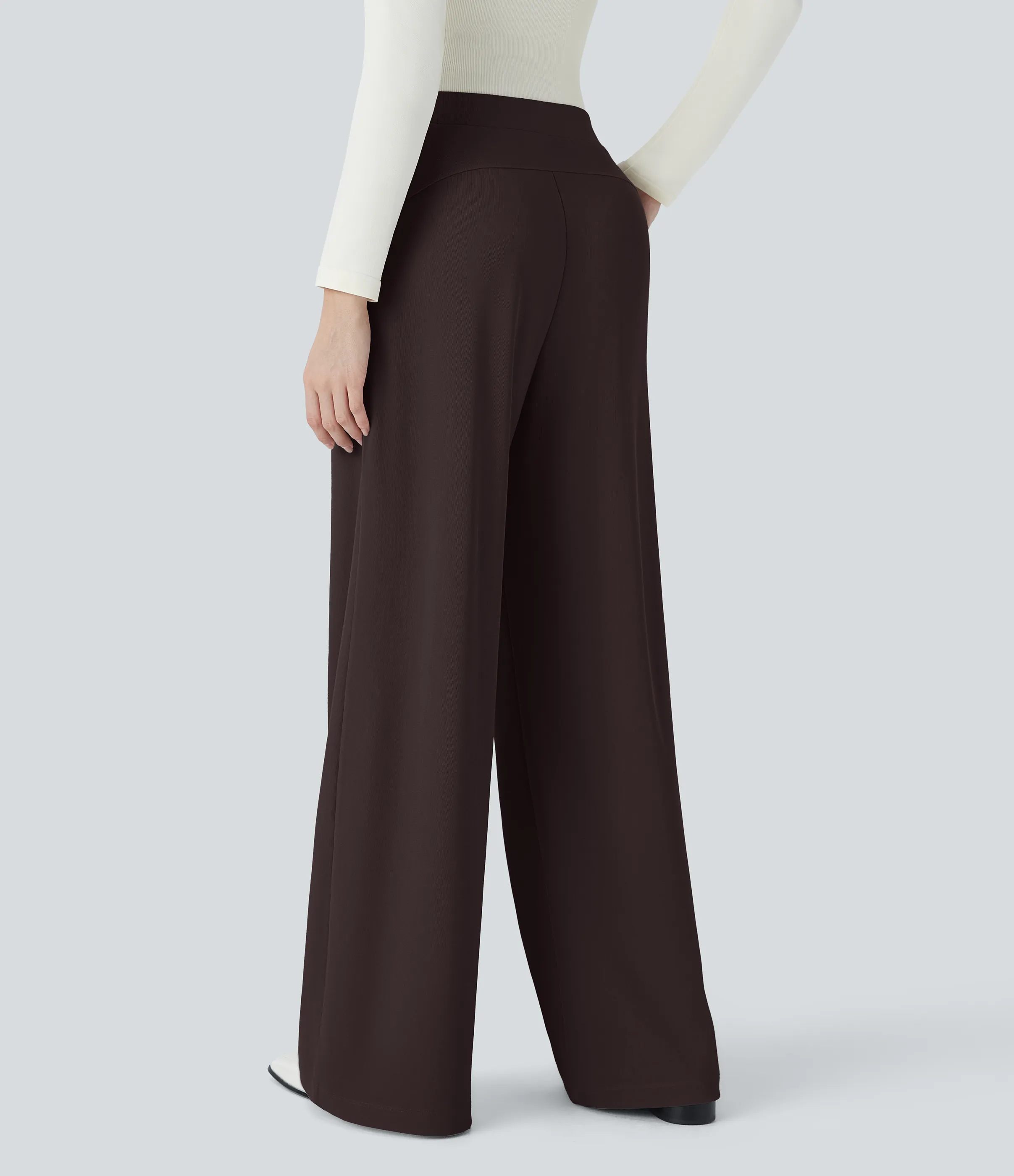 Halara Pantalón Halara Flex™ oficina tiro alto control abdomen adelgazan tiro bolsillo lateral pierna ancha micro gofre - Chocolate Torte - L(regular) sold by Halara product image thumbnail 3