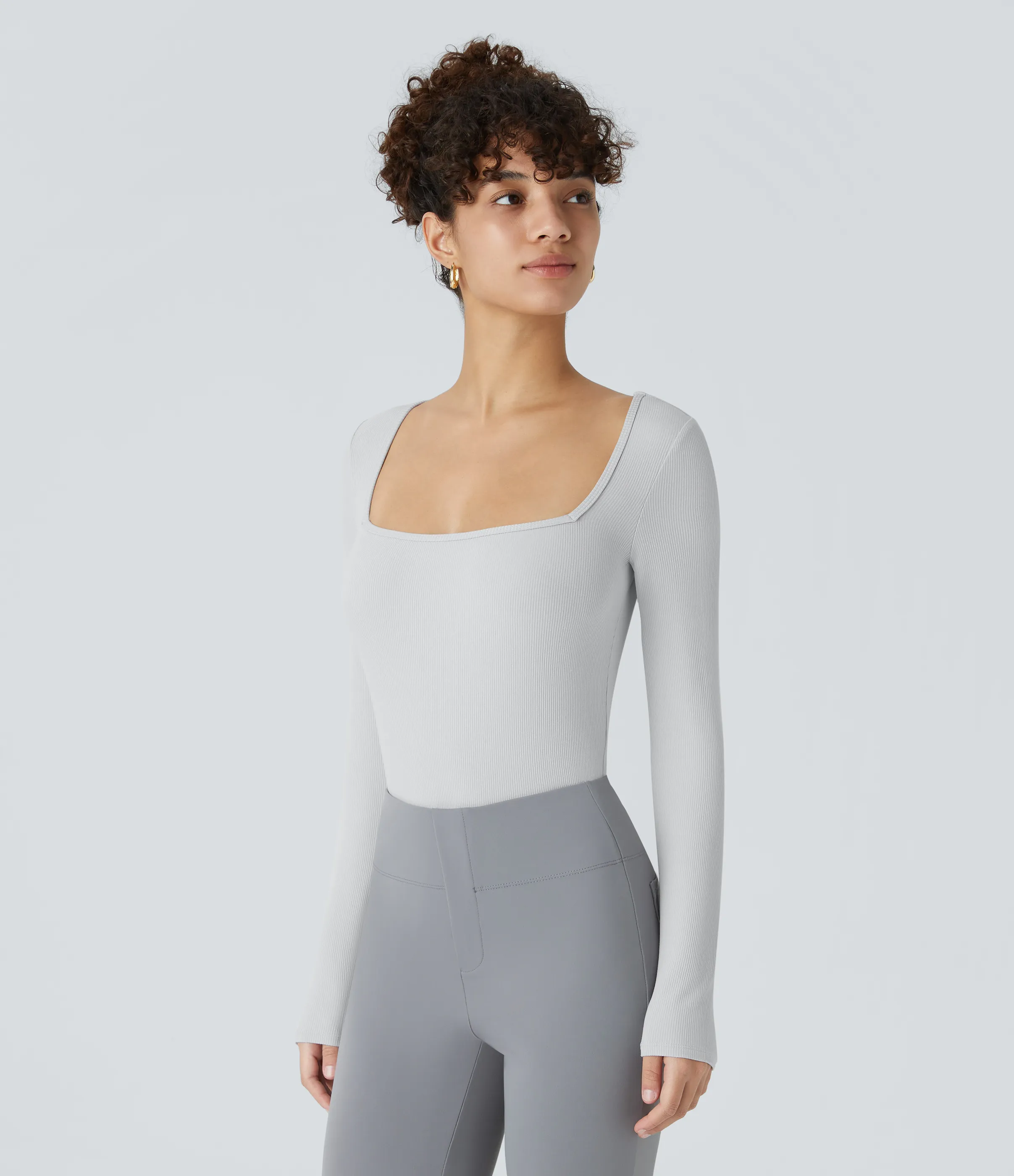 Halara Body oficina ajustado botón manga larga cuello cuadrado acanalado - Glacier Gray - XL sold by Halara product image thumbnail 5