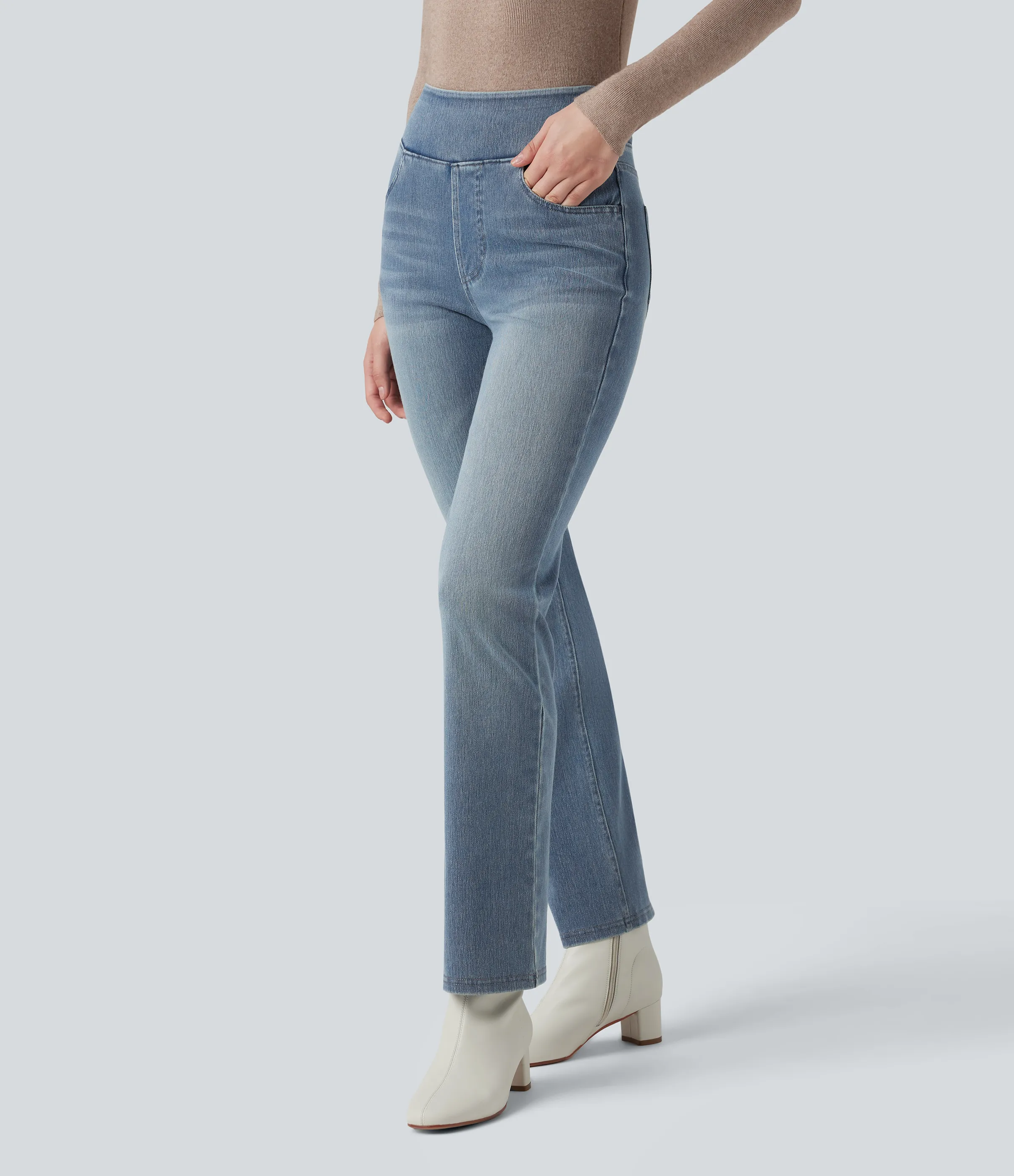 Halara Jeans Halara Flex™ Denim tiro alto lavado elástico múltiple bolsillo corte acampanado - Sunset Blue Denim - XL(petite) sold by Halara product image thumbnail 4