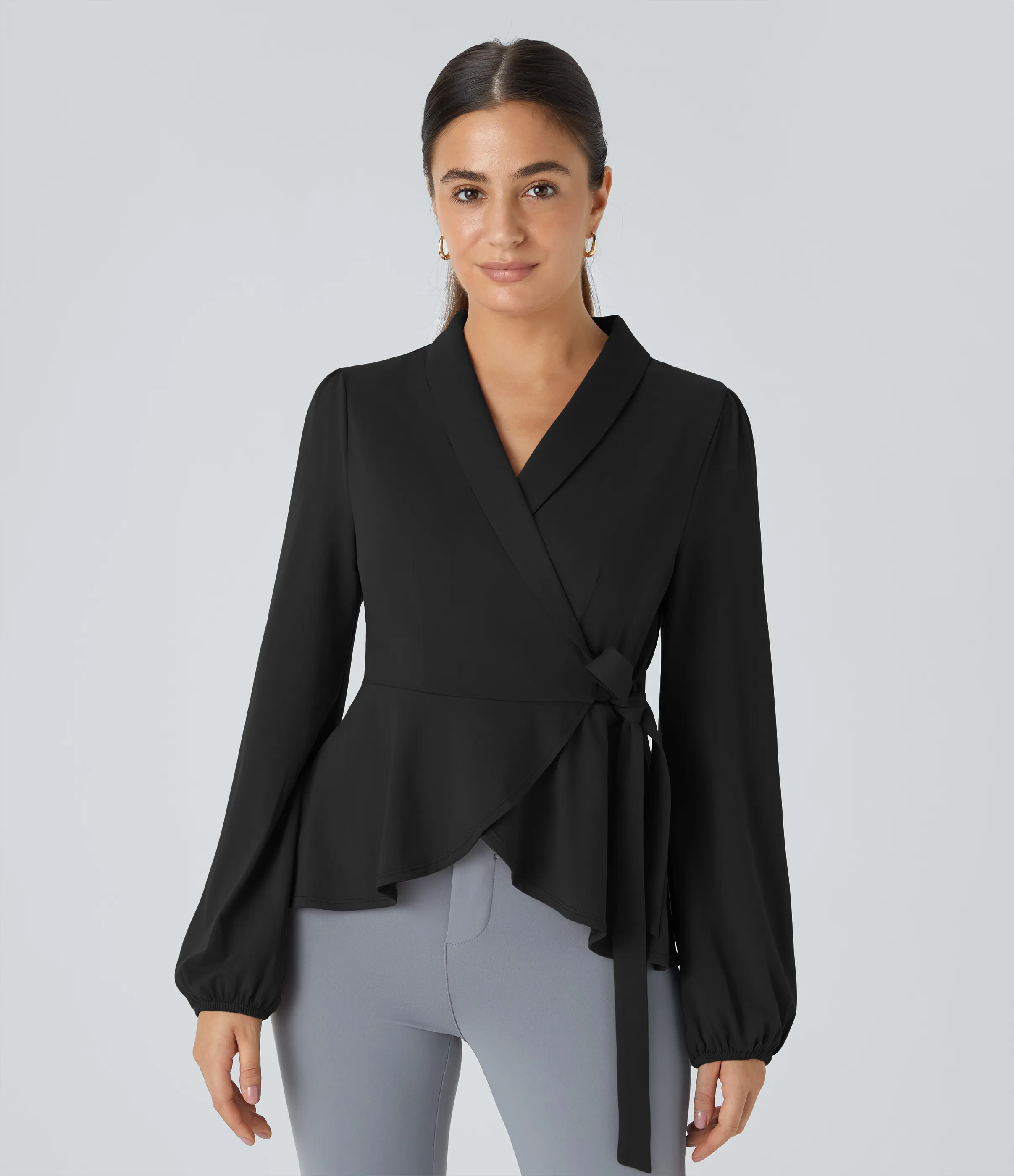 Halara Blusa oficina cuello chal lazo lateral cruzado dobladillo volante - Black - L sold by Halara product image thumbnail 4