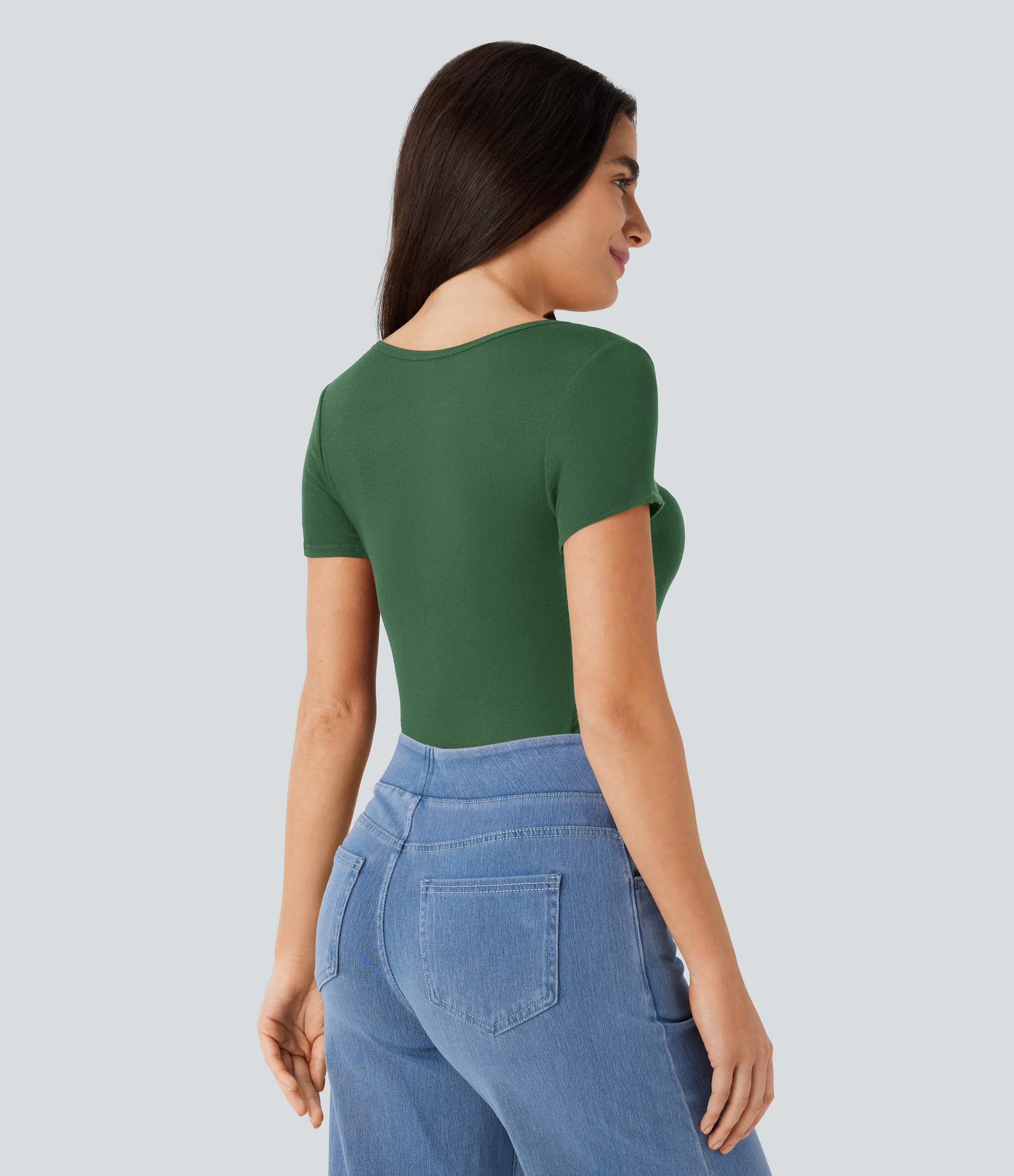Halara Top ajustado manga corta cuello Henley acanalado - Dark Verdant Green - L sold by Halara product image thumbnail 3