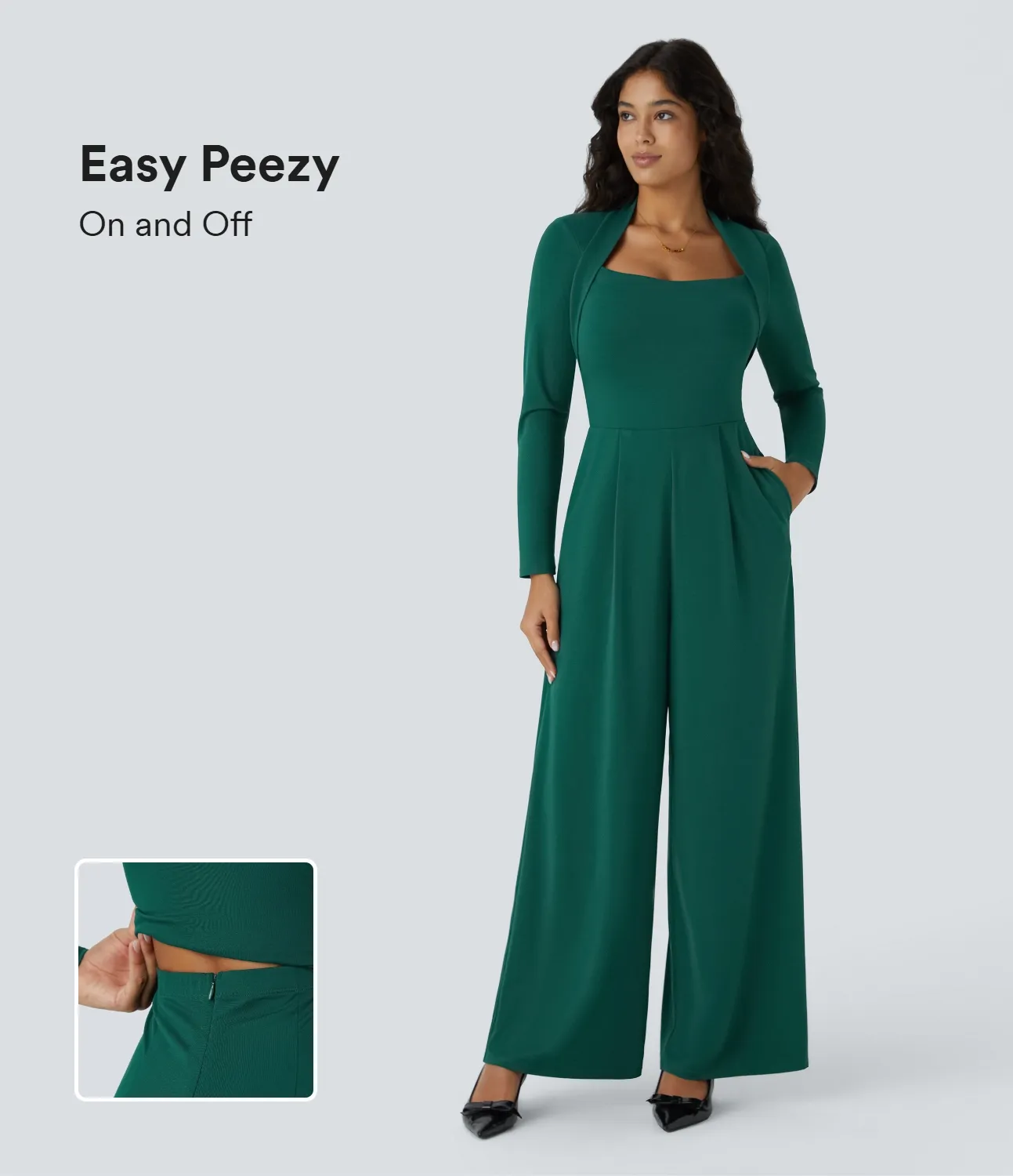 Halara Mono dama honor invitada boda manga larga bolsillo lateral cremallera invisible pierna ancha - Easy Peezy - Rain Forest - S(regular) sold by Halara product image thumbnail 2