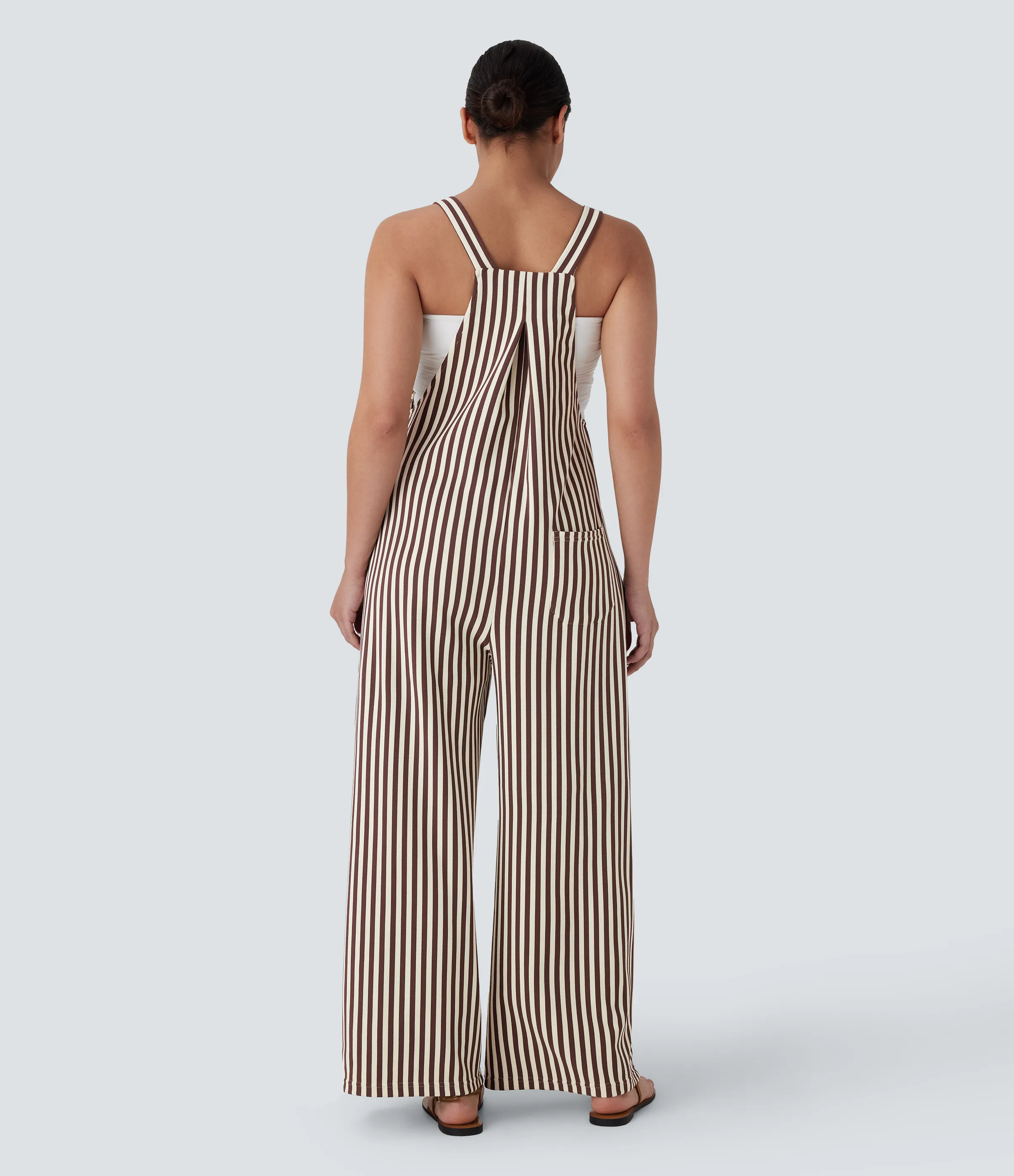 Halara Overol resort gofre raya múltiple bolsillo botón correa ajustable - Khaki Brown Horizontal Stripe - S(tall) sold by Halara product image thumbnail 3