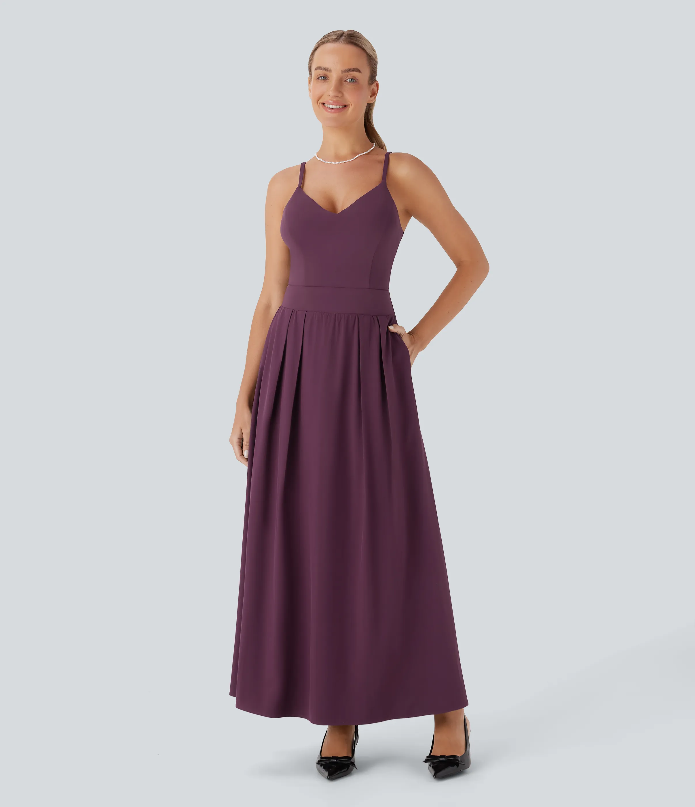 Halara Vestido largo fluido Breezeful™ de secado rápido con bolsillos laterales y espalda descubierta para dama de honor e invitada de boda - Amaranth - L sold by Halara product image thumbnail 4