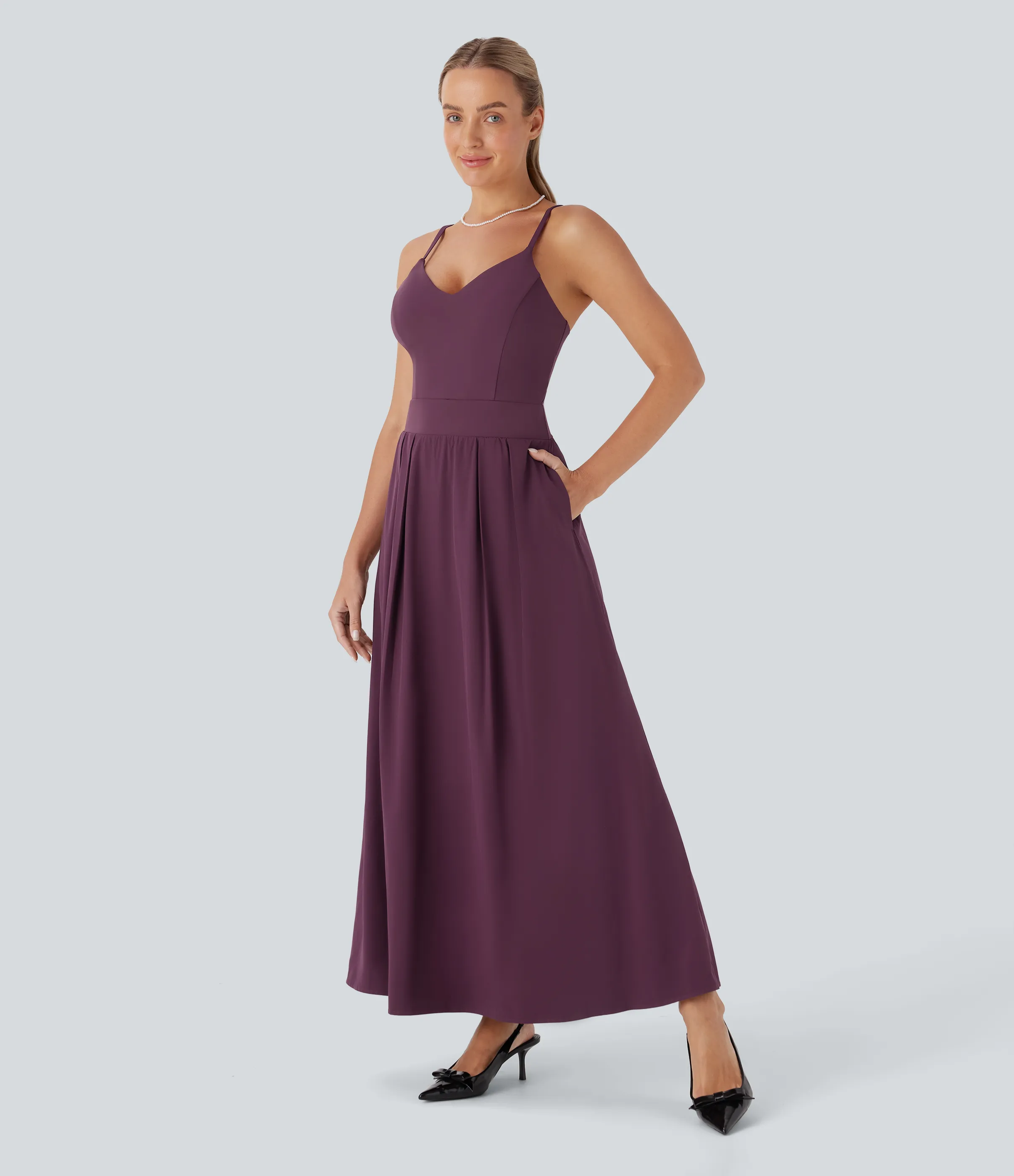 Halara Vestido largo fluido Breezeful™ de secado rápido con bolsillos laterales y espalda descubierta para dama de honor e invitada de boda - Amaranth - L sold by Halara product image thumbnail 5