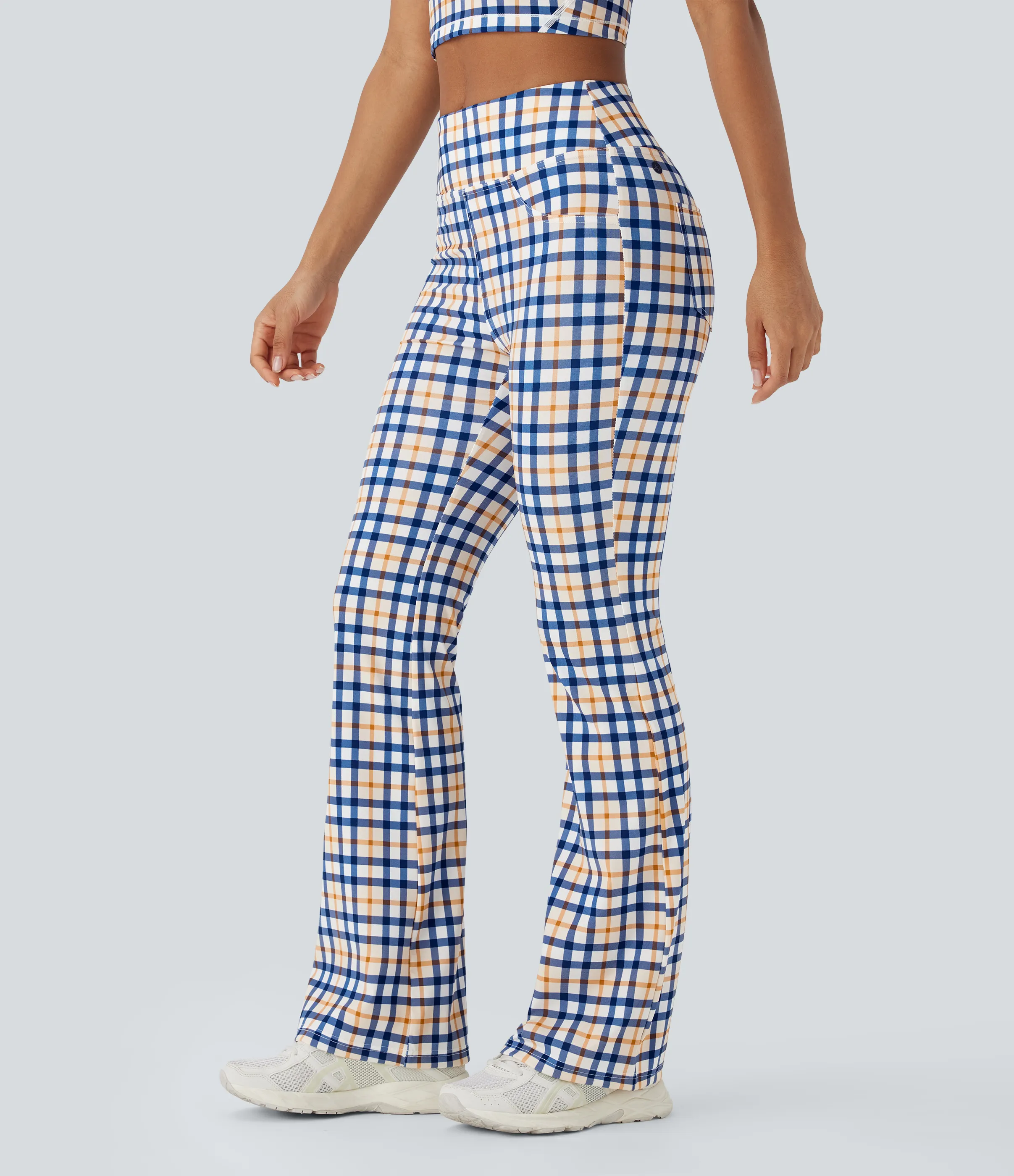 Halara Pantalones casuales de corte acampanado con tiro alto y bolsillos de tacto fresco - Blue White Golden Haze Plaid - S(regular) sold by Halara product image thumbnail 2