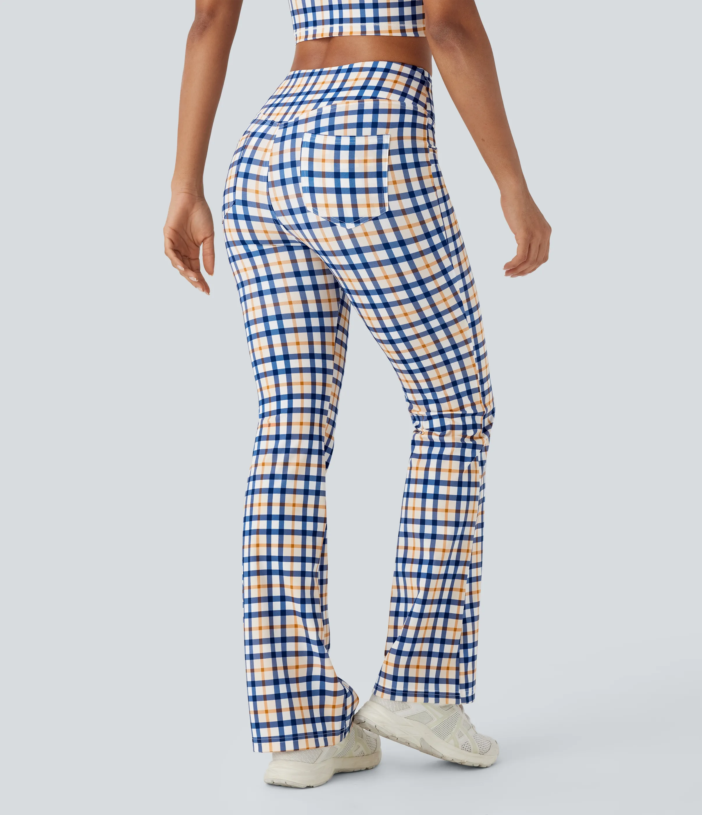 Halara Pantalones casuales de corte acampanado con tiro alto y bolsillos de tacto fresco - Blue White Golden Haze Plaid - S(regular) sold by Halara product image thumbnail 3