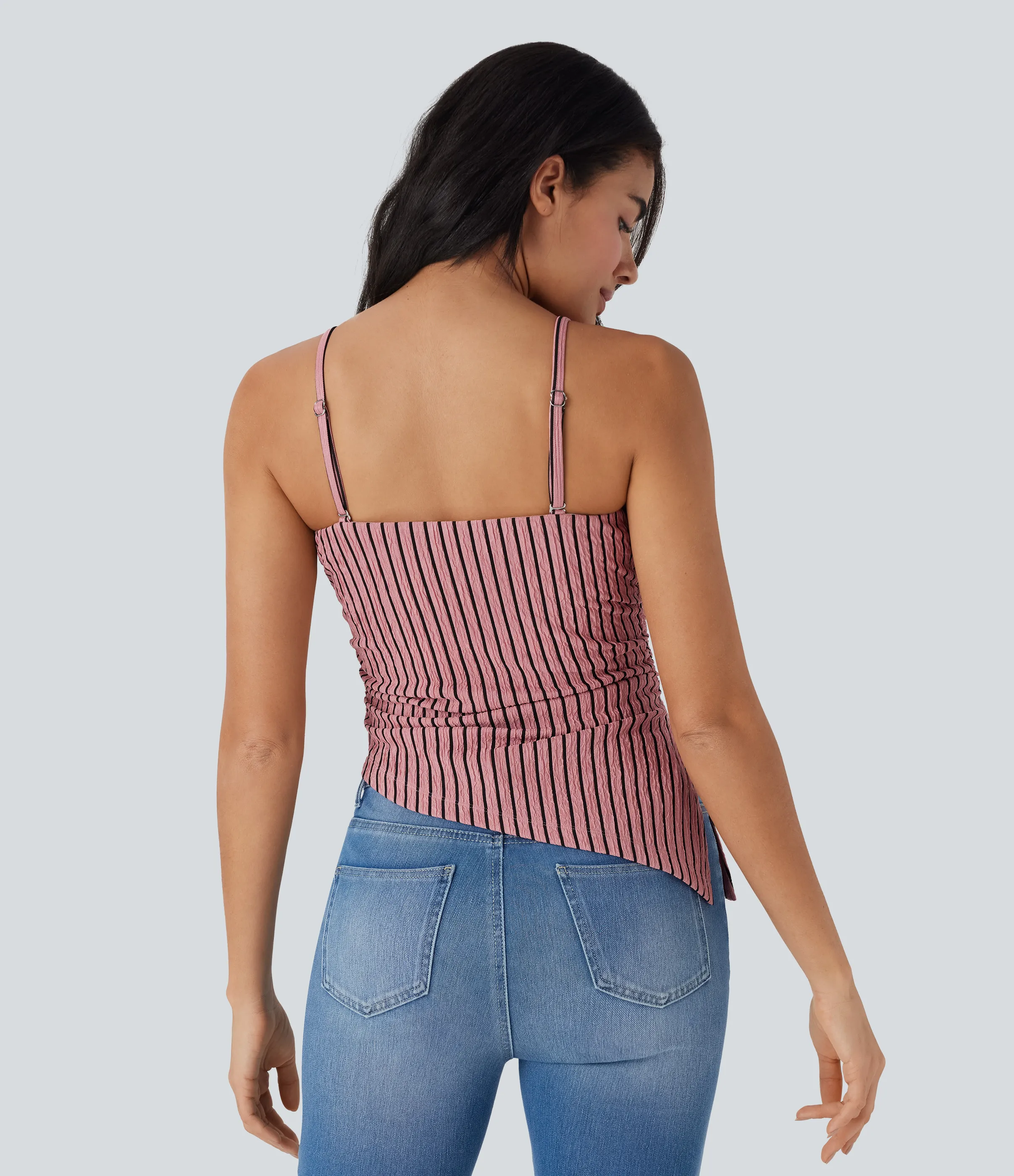 Halara Top casual a rayas con forma asimétrica y tirantes extraíbles - Candy Pink Black Stripes - XS sold by Halara product image thumbnail 3