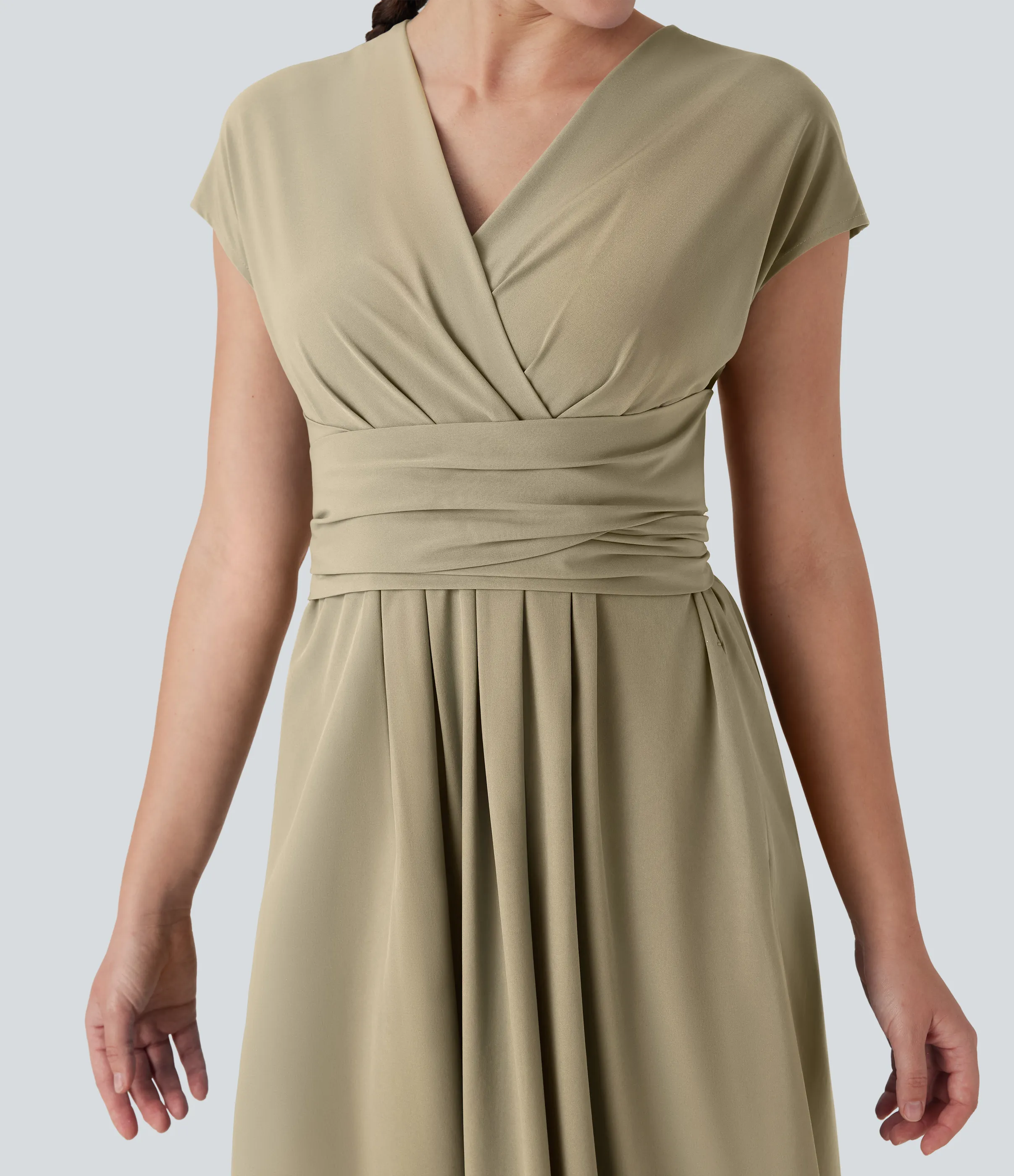 Halara Vestido casual midi Breezeful™ de secado rápido con cuello en V, manga corta, bolsillo lateral y lazo en la espalda - Fields of Rye - XS sold by Halara product image thumbnail 5