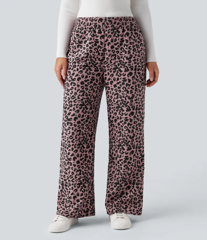 Halara Pantalones holgados casuales de pana con estampado de leopardo y tiro alto con bolsillos - Blush Leopard - XL(regular) made by Halara