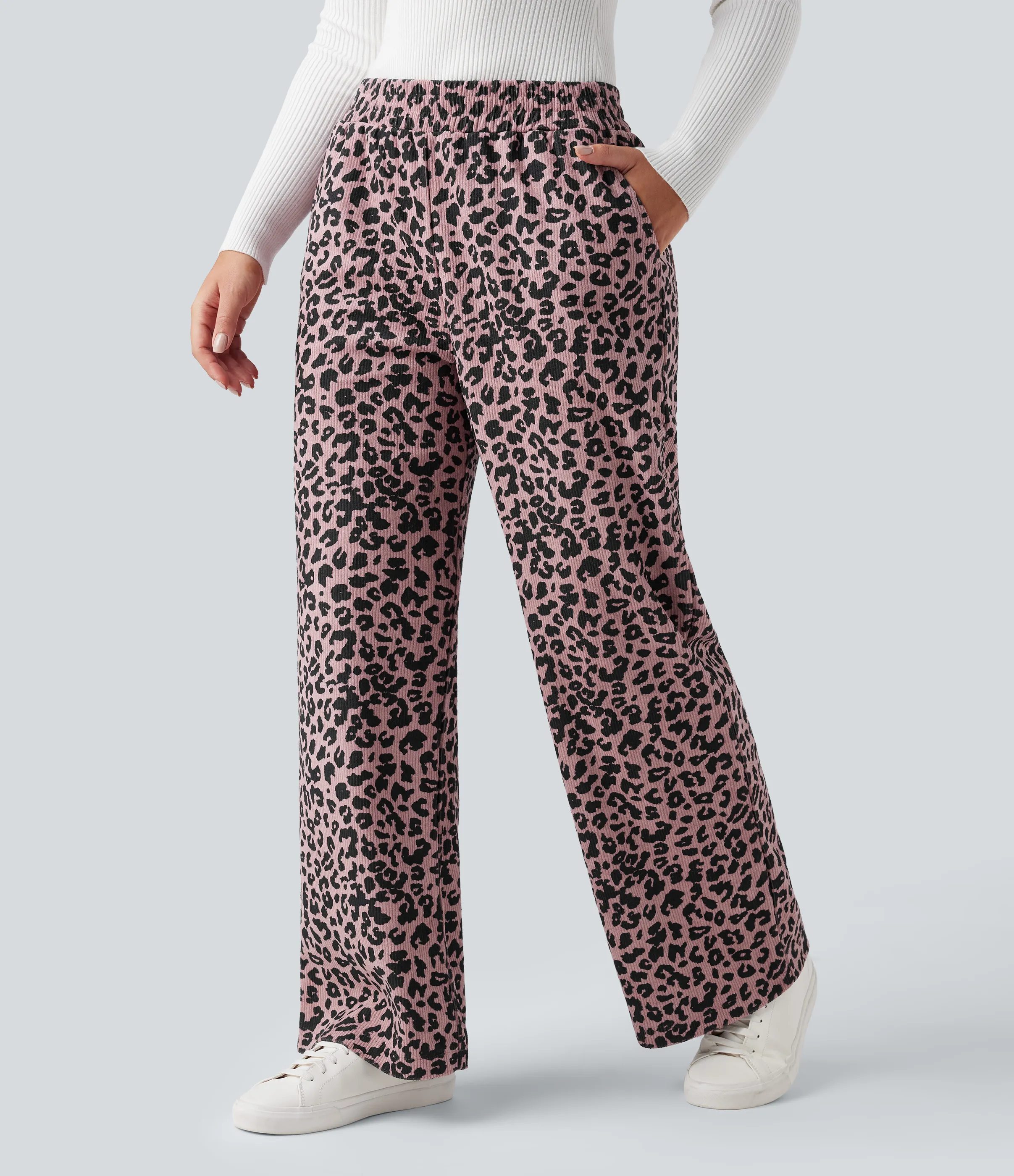 Halara Pantalones holgados casuales de pana con estampado de leopardo y tiro alto con bolsillos - Blush Leopard - XL(regular) sold by Halara product image thumbnail 4