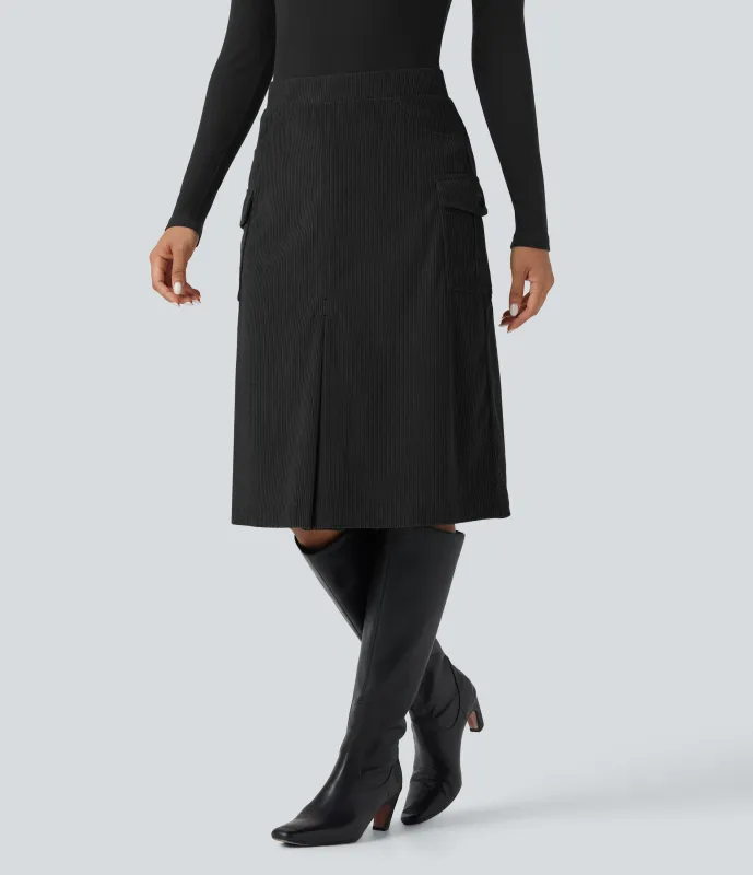 Halara Falda midi casual de pana con tiro alto y corte en A con bolsillos - Black - M(regular) made by Halara