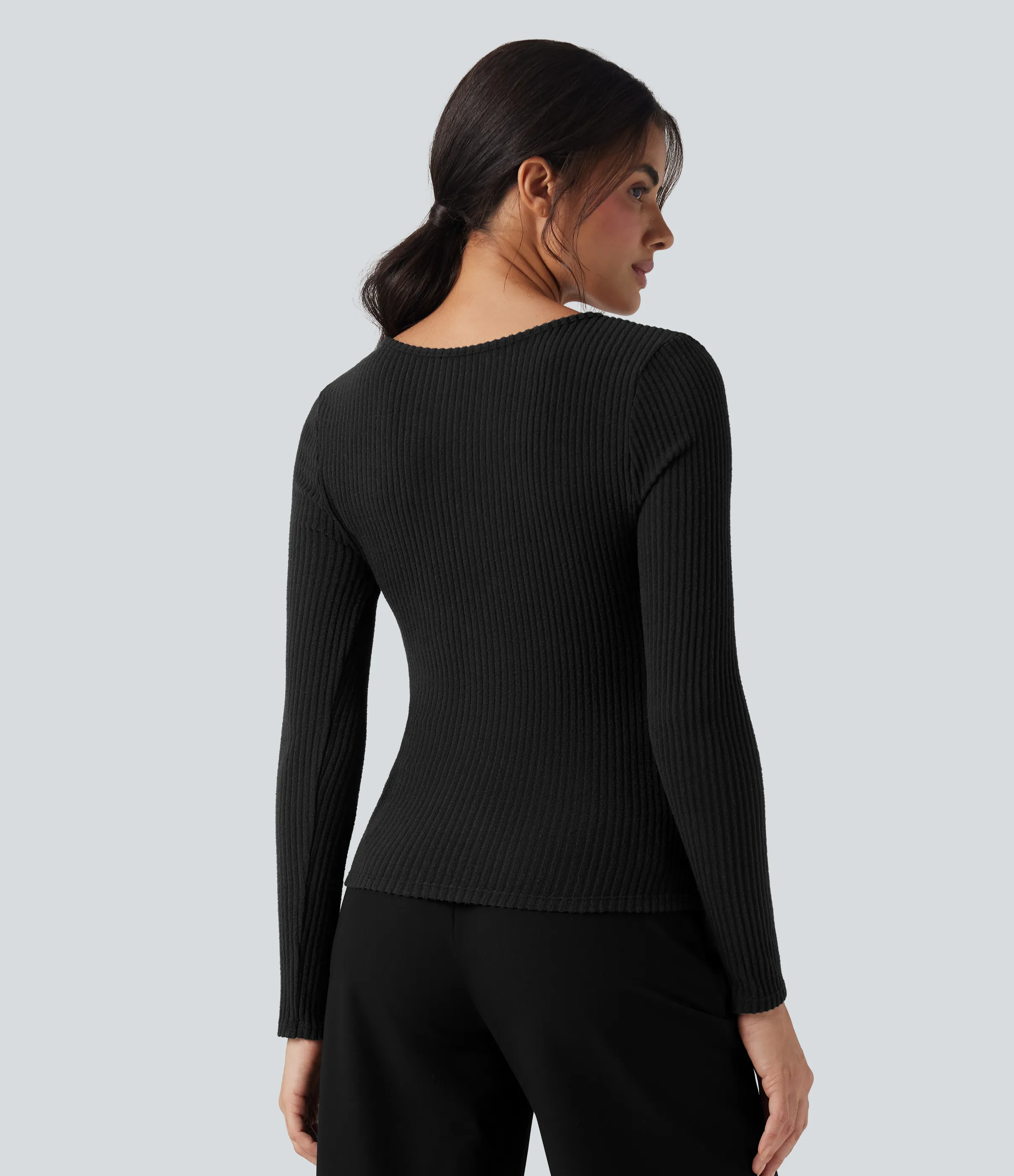 Halara Top casual ajustado jaspeado de manga larga de punto acanalado con cuello en V - Black - S sold by Halara product image thumbnail 3